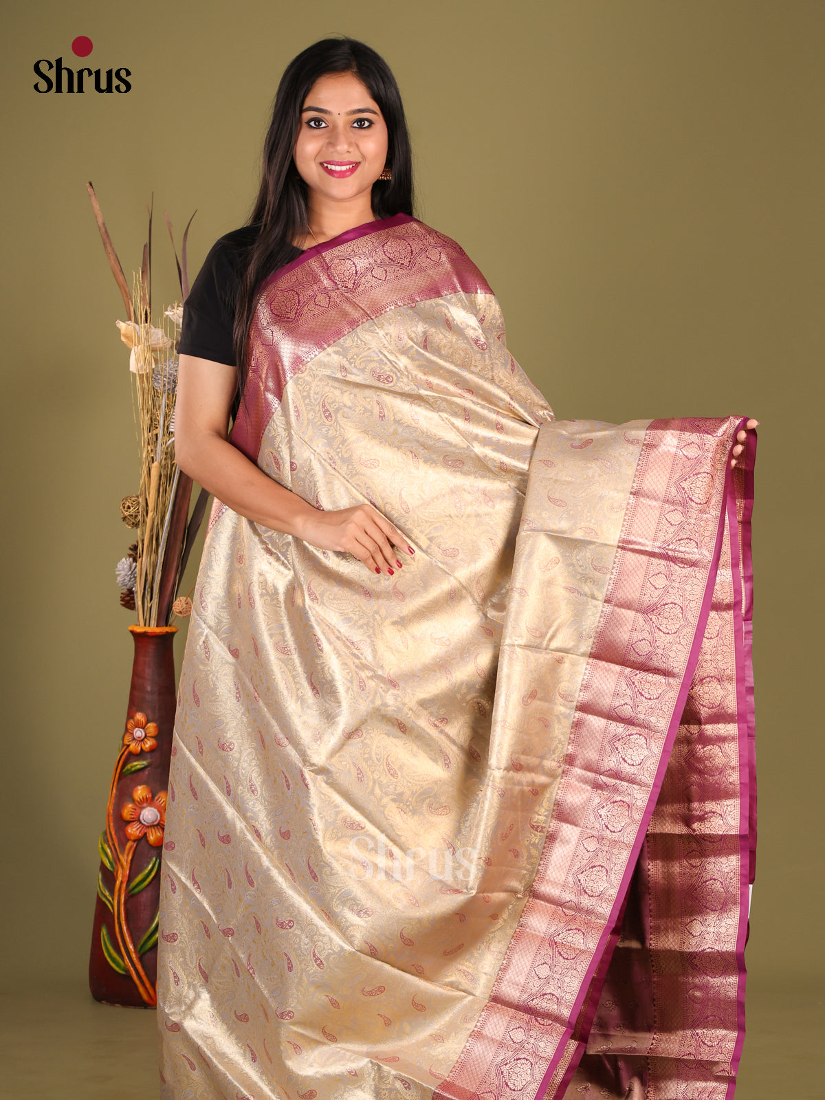 Cream & Purple - Kanchipuram-halfpure Saree - Shop on Shrus.com