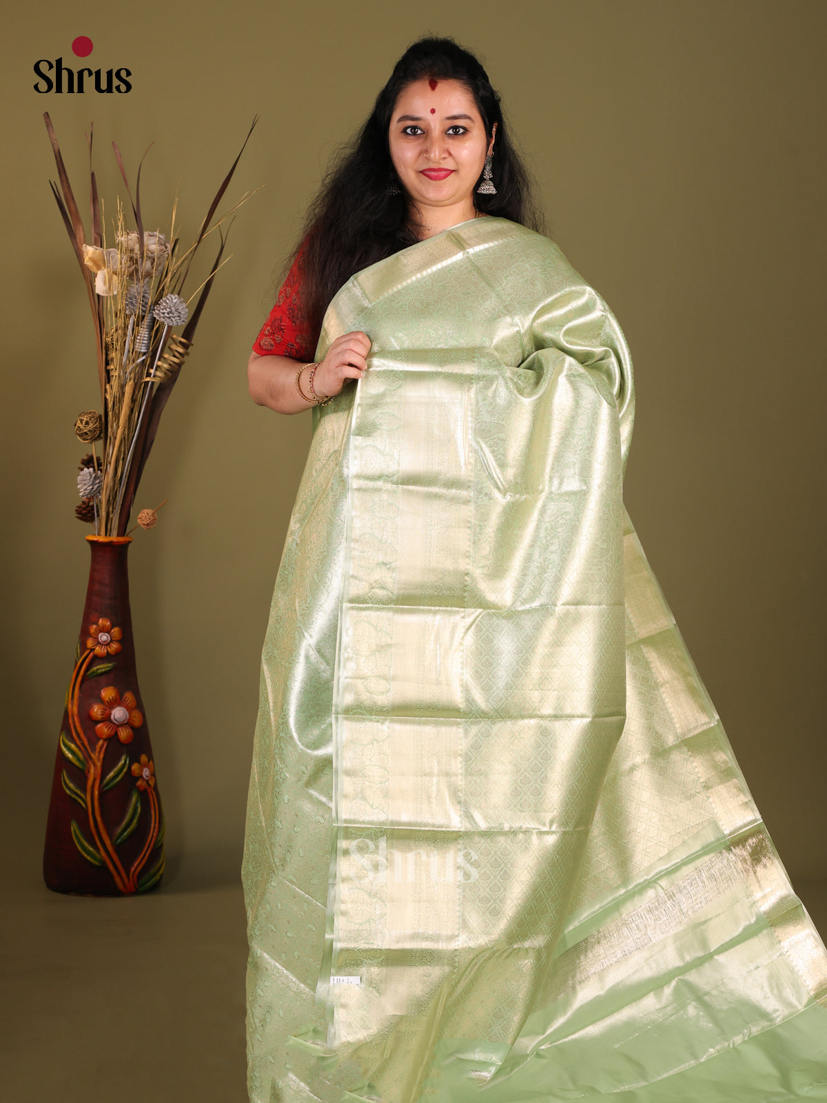 Pista Green(Single Tone)- Kanchipuram-halfpure Saree - Shop on Shrus.com