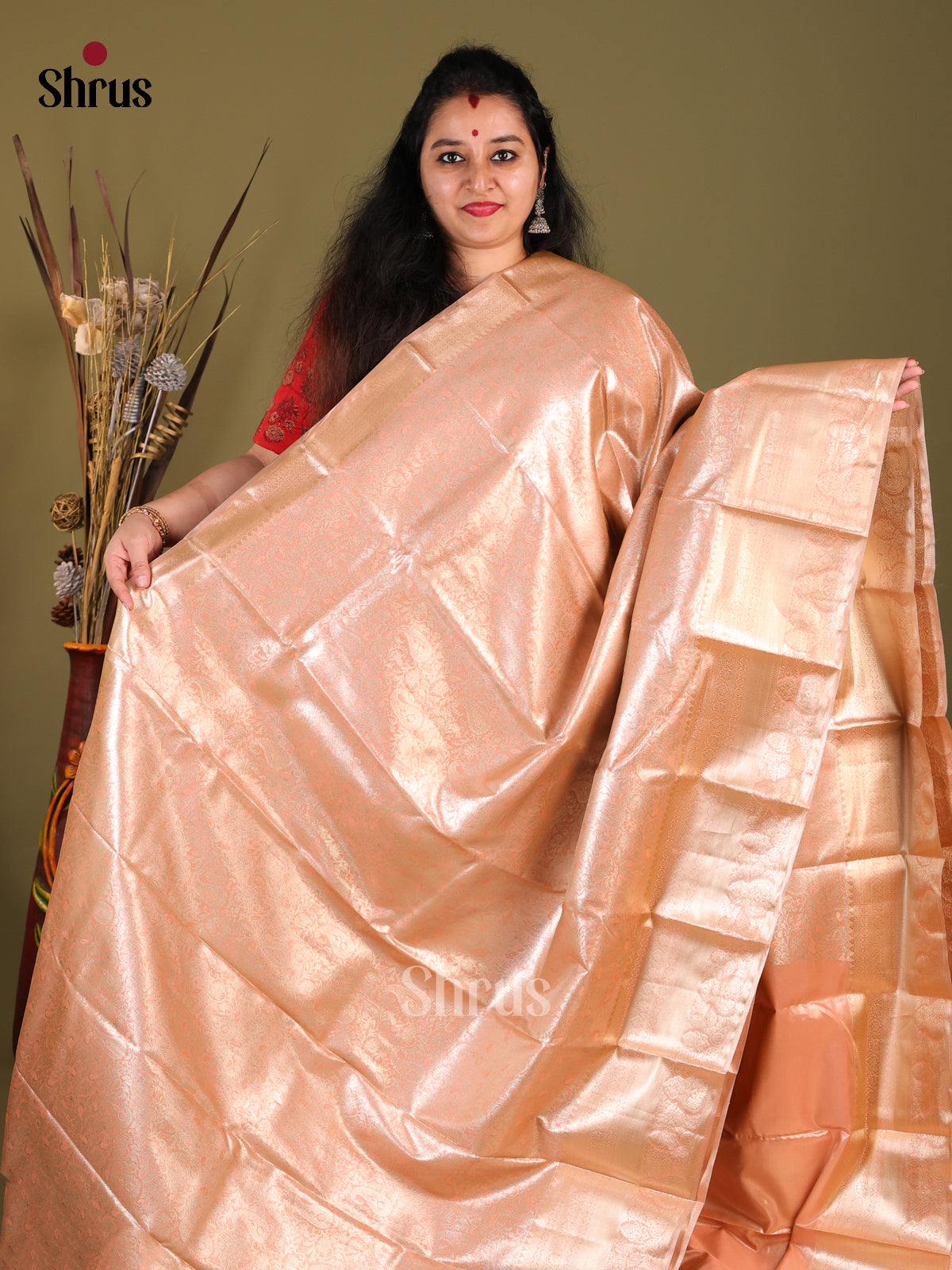 Peach Single Tone- Kanchipuram-halfpure Saree 1