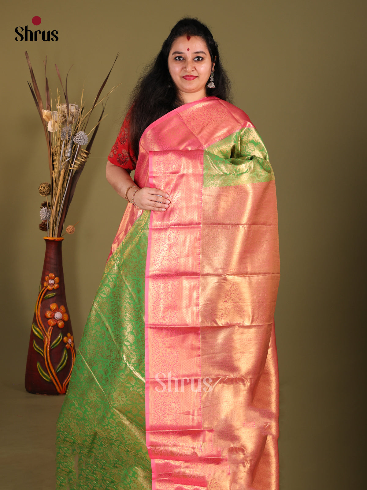 Light Green & Pink - Kanchipuram-halfpure Saree