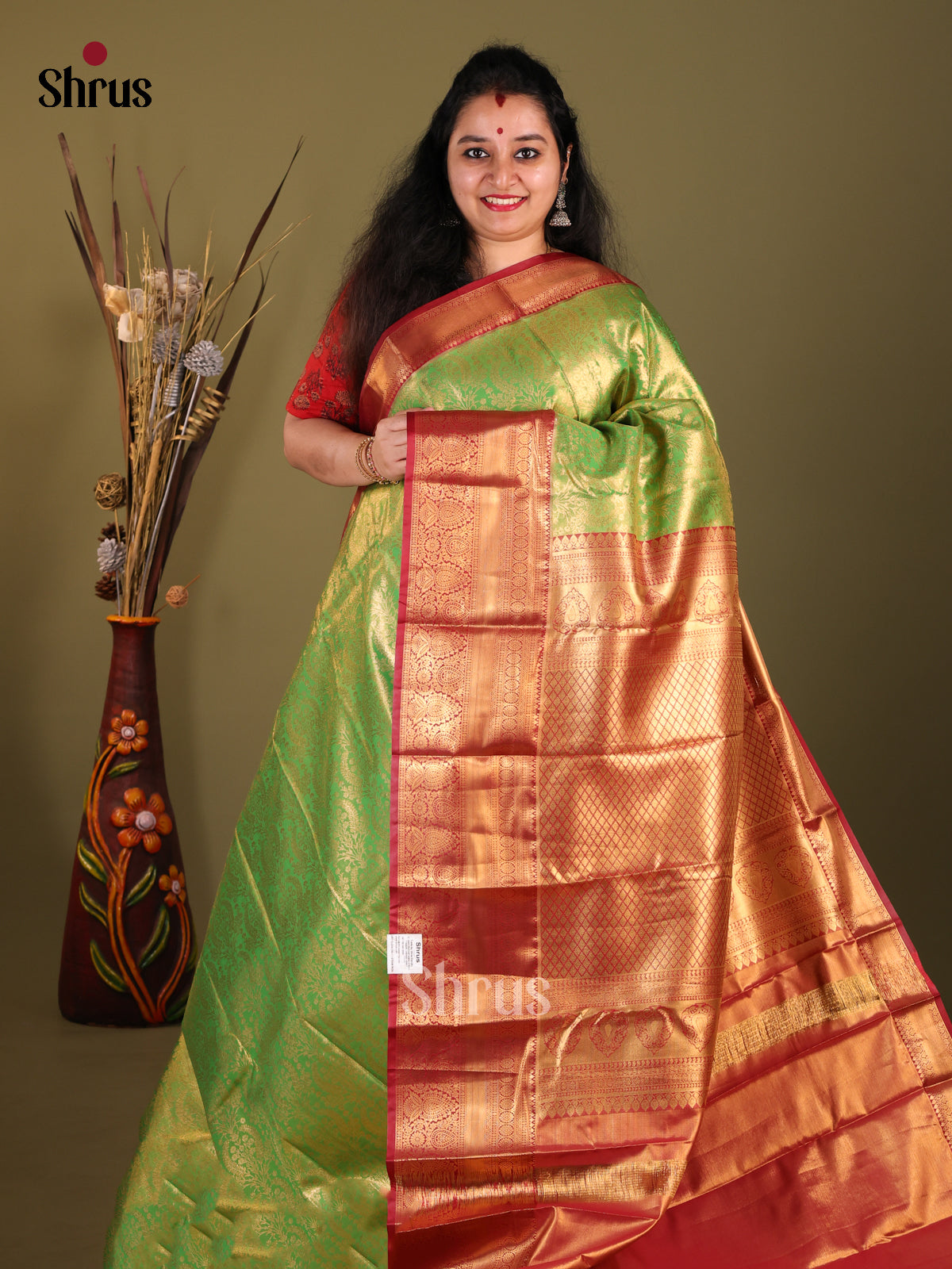Light Green & Maroon - Kanchipuram-halfpure Saree - Shop on Shrus.com