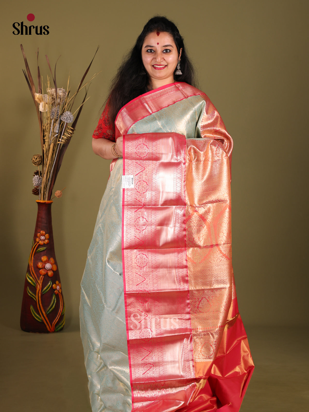 Pastel Blue & Red - Kanchipuram-halfpure Saree - Shop on Shrus.com
