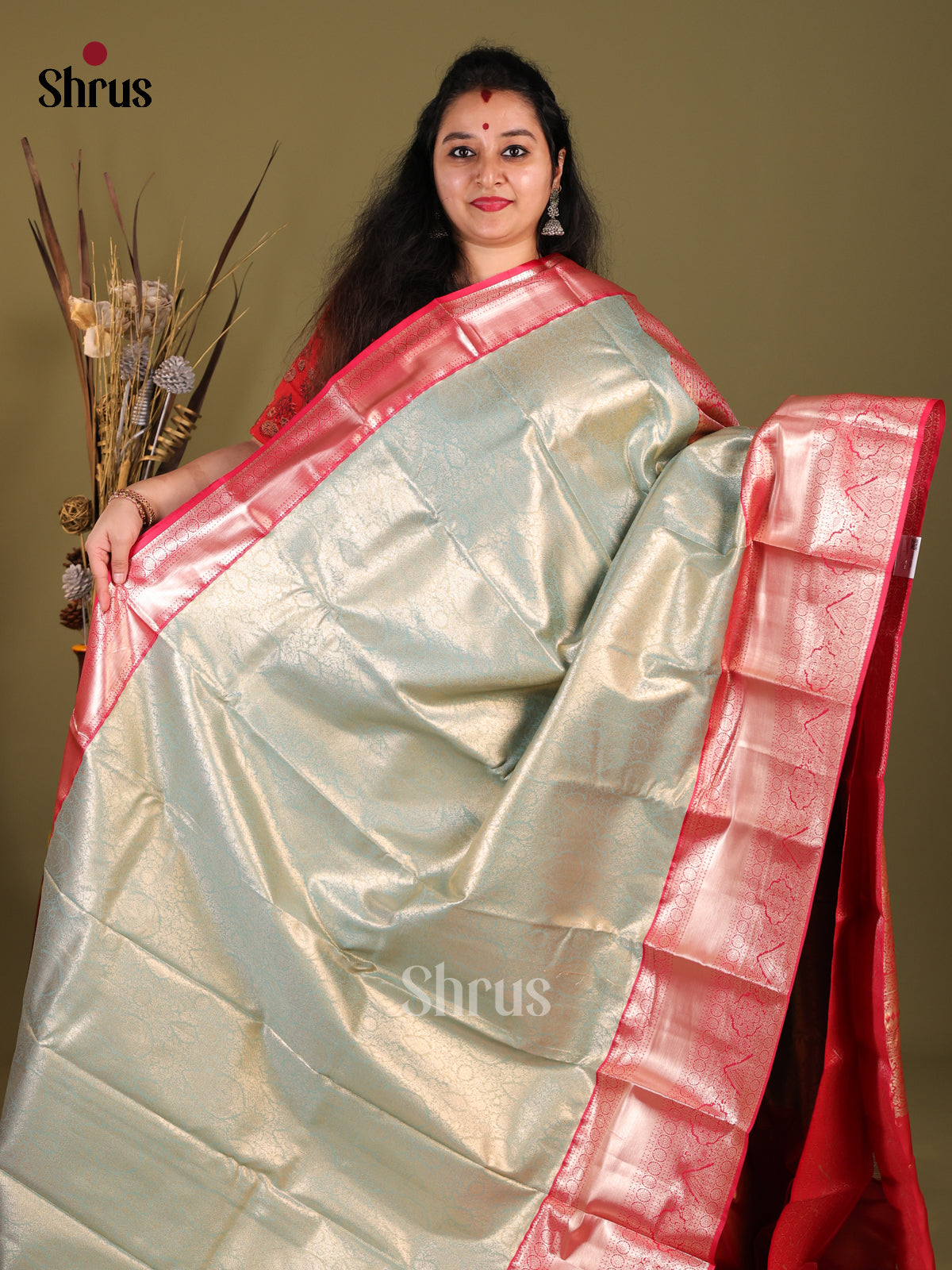 Pastel Blue & Red - Kanchipuram-halfpure Saree - Shop on Shrus.com