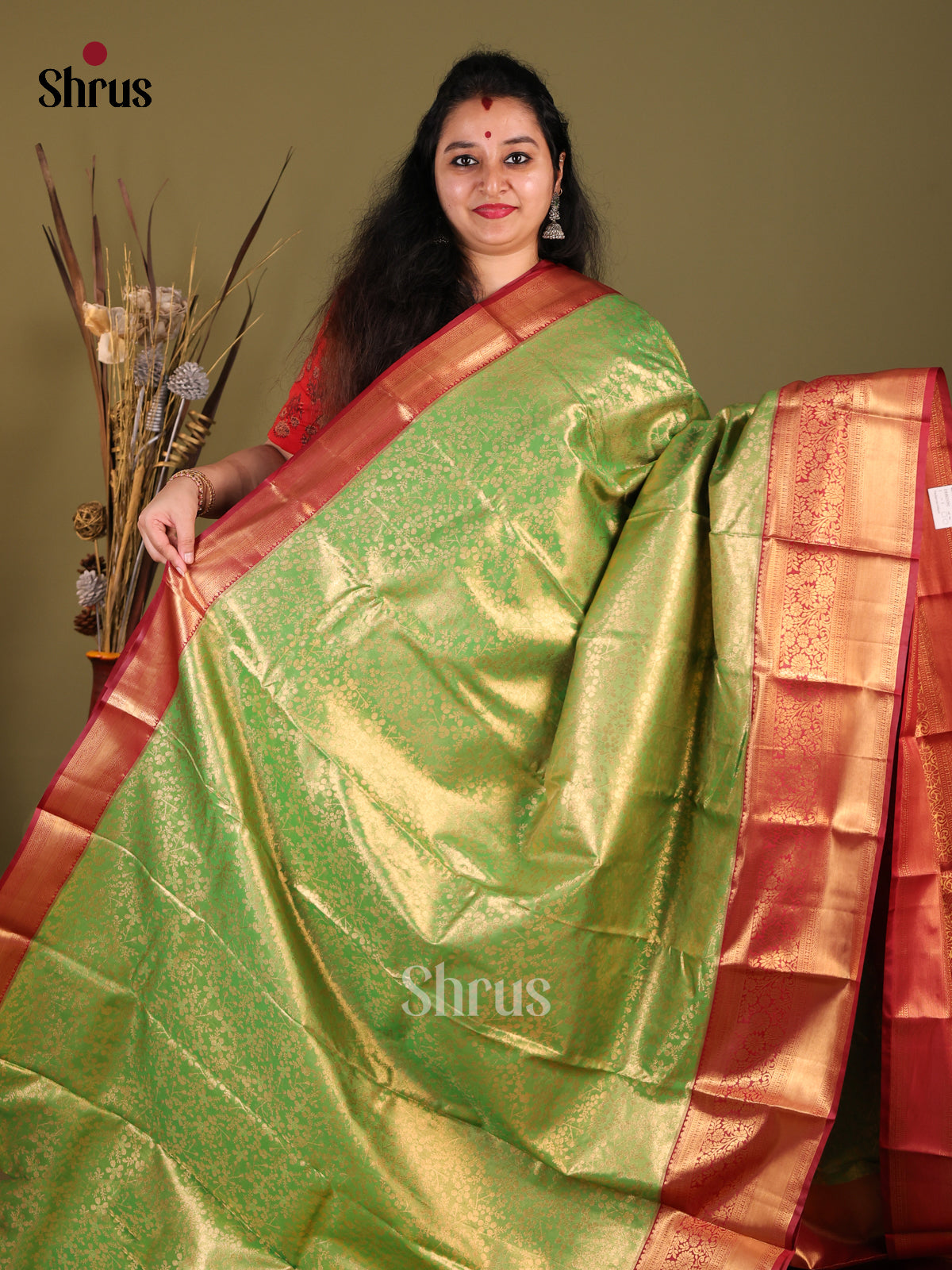 Light Green & maroon - Kanchipuram-halfpure Saree - Shop on Shrus.com
