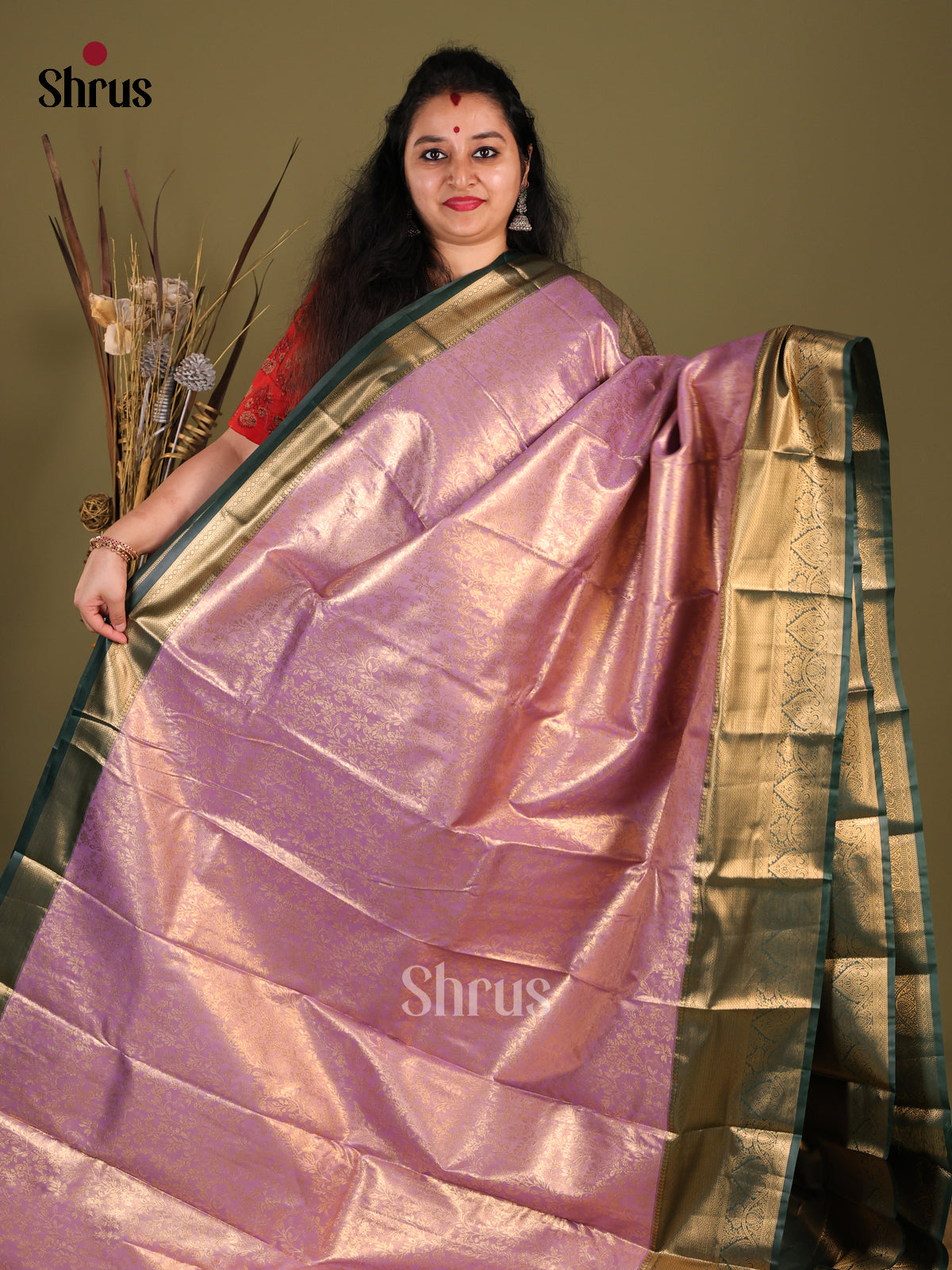 Lavender & Green - Kanchipuram-halfpure Saree - Shop on Shrus.com