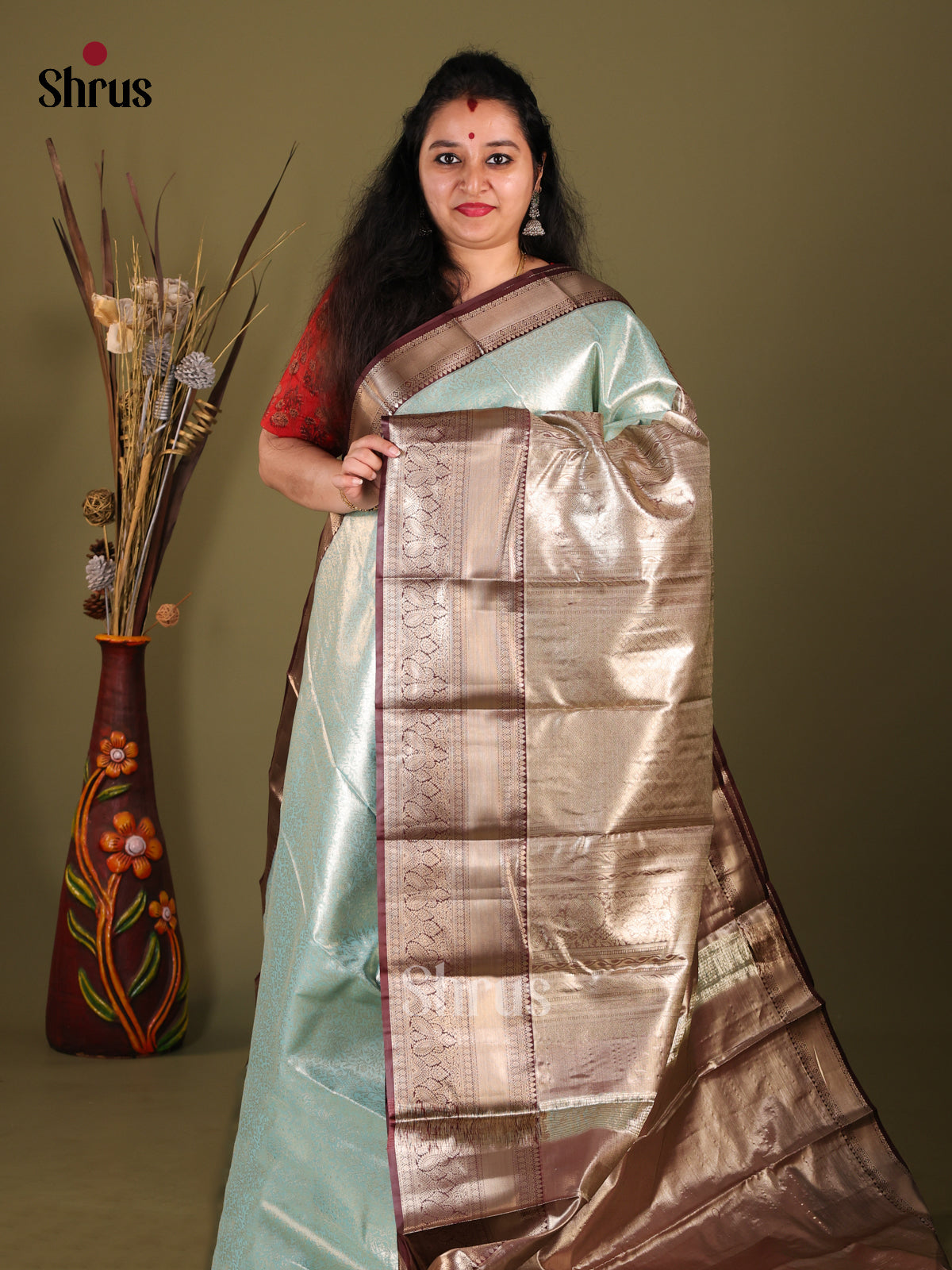 Light Blue & Brown- Kanchipuram-halfpure Saree - Shop on Shrus.com