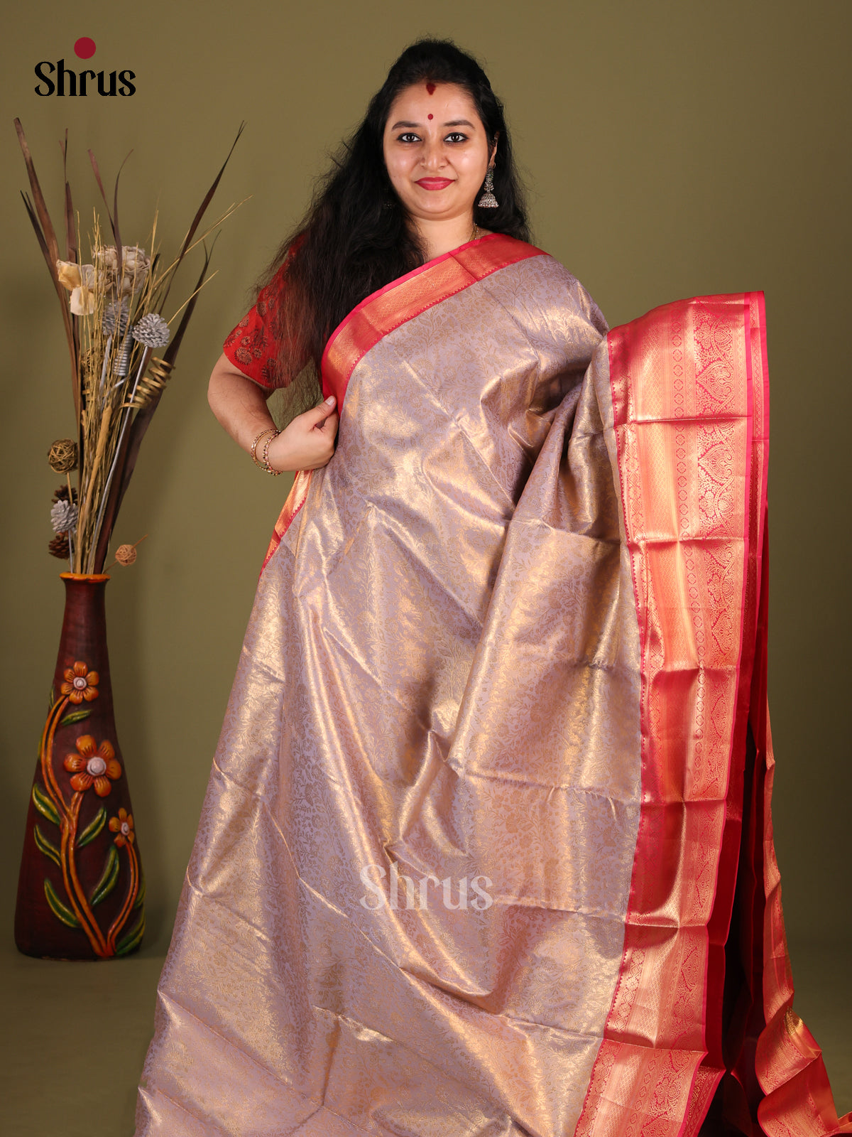Lavender & Red - Kanchipuram-halfpure Saree - Shop on Shrus.com