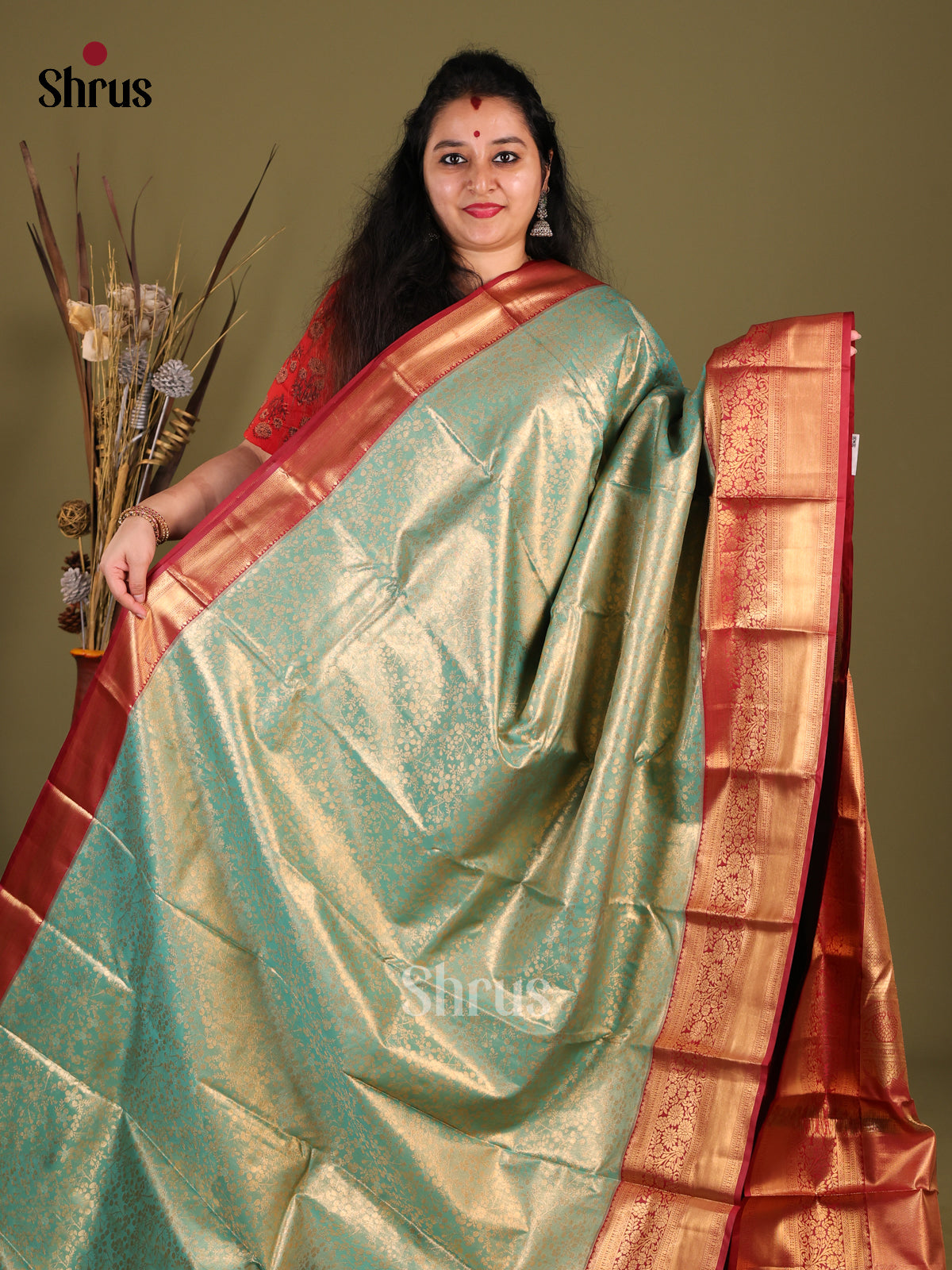 Pastel Blue & Maroon - Kanchipuram-halfpure Saree - Shop on Shrus.com
