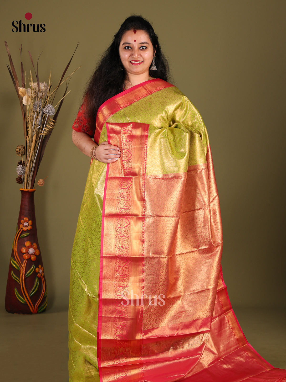Light Green & Red - Kanchipuram-halfpure Saree - Shop on Shrus.com