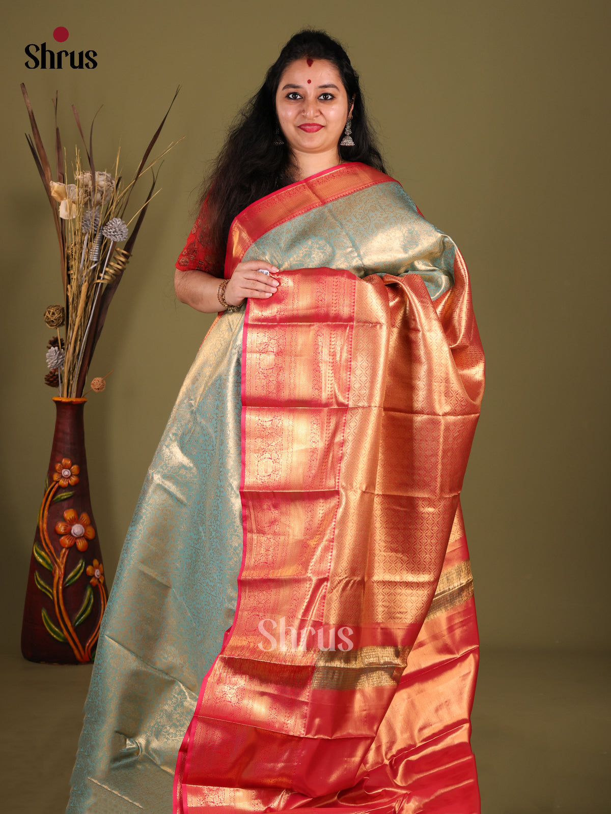 Blue & Red - Kanchipuram-halfpure Saree