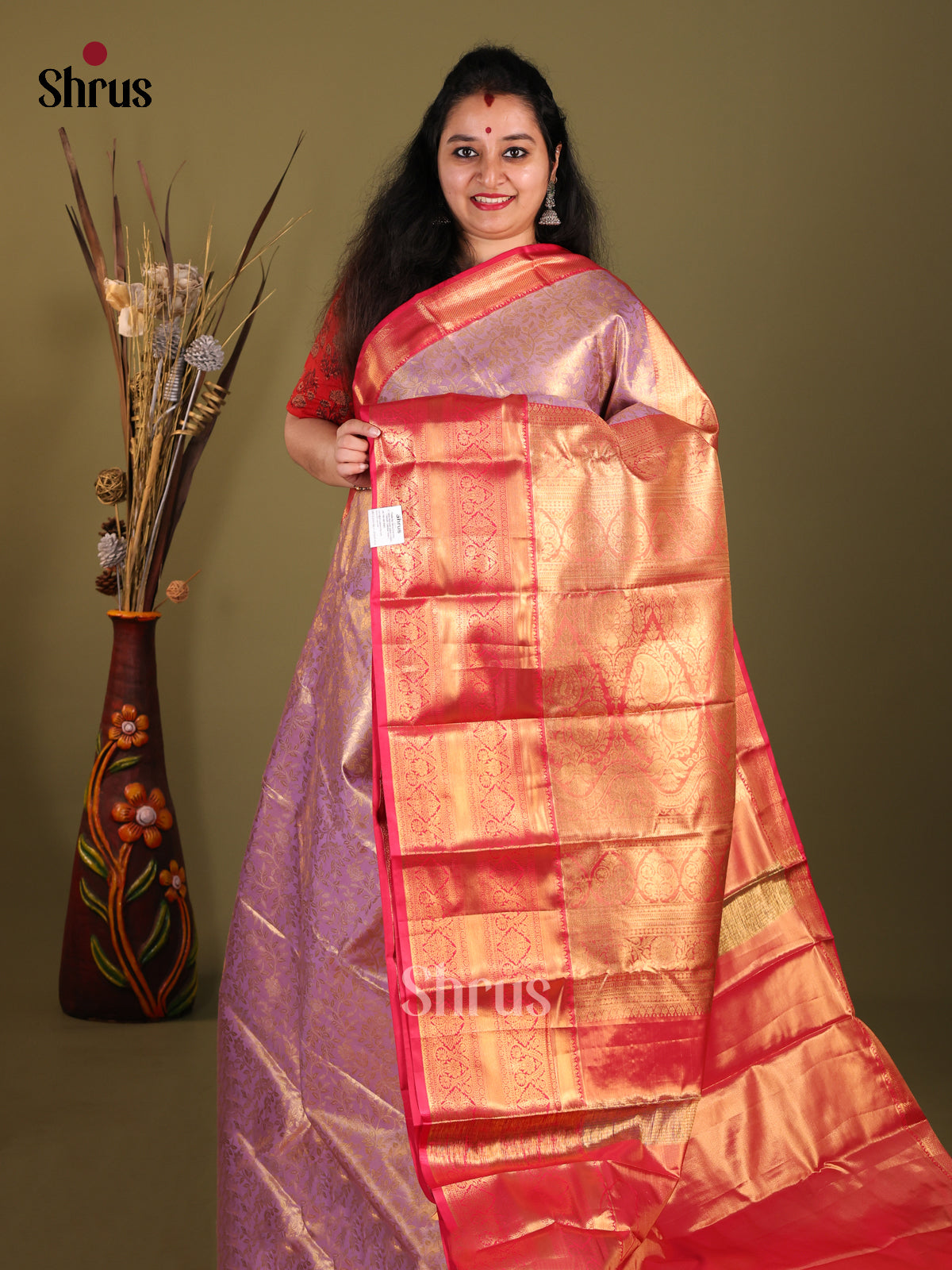 Lavender & Red - Kanchipuram-halfpure Saree - Shop on Shrus.com