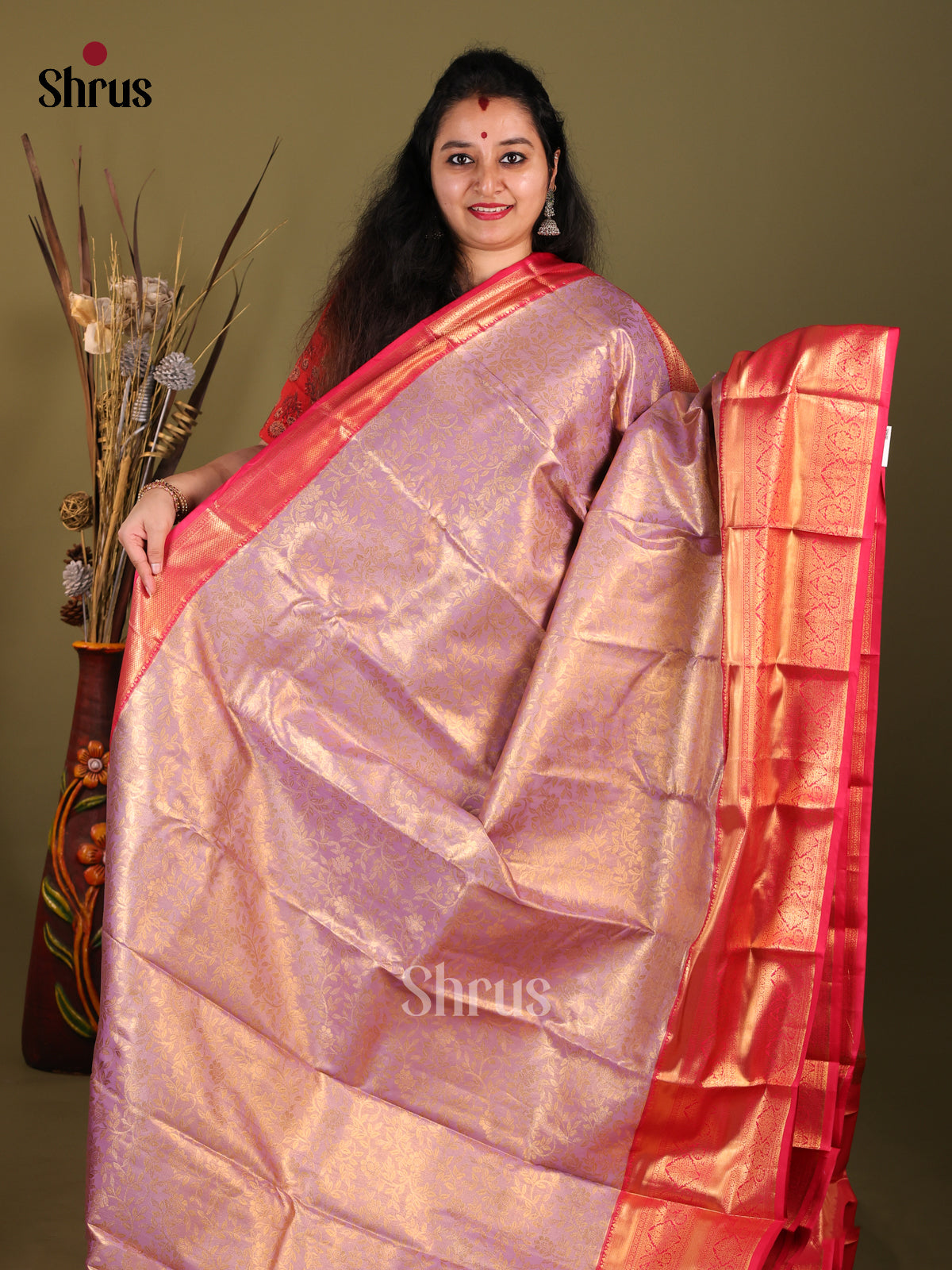 Lavender & Red - Kanchipuram-halfpure Saree - Shop on Shrus.com