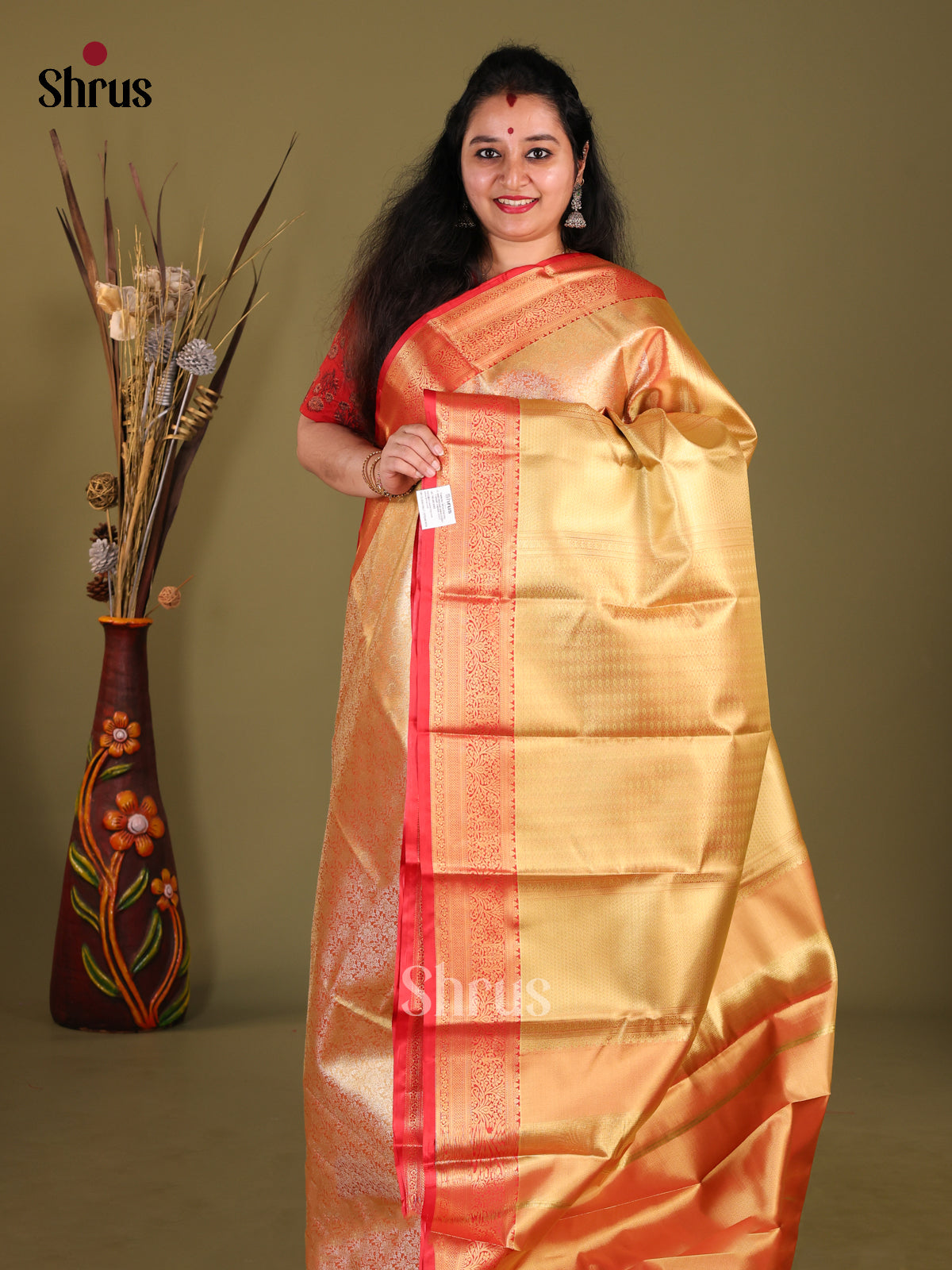 Gold & Red - Kanchipuram-halfpure Saree - Shop on Shrus.com
