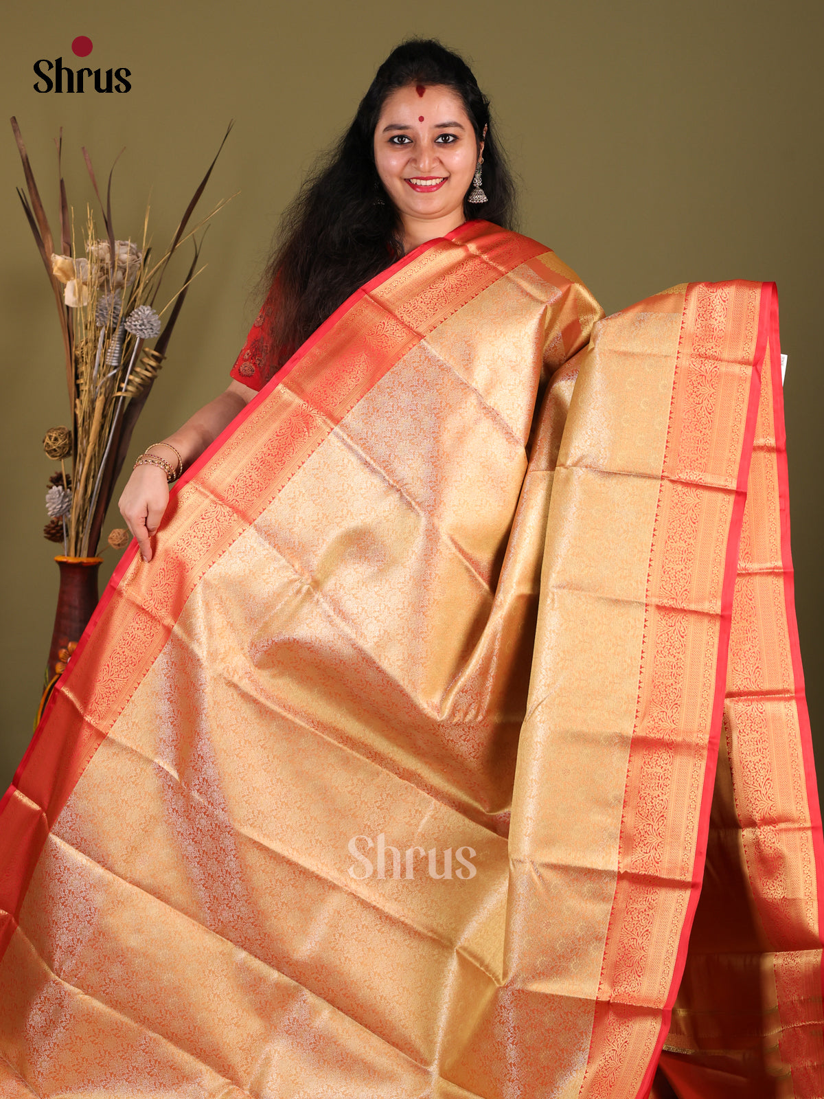 Gold & Red - Kanchipuram-halfpure Saree - Shop on Shrus.com