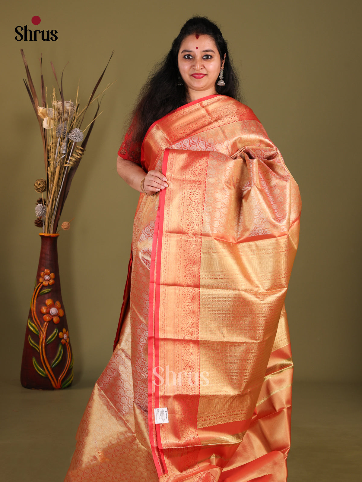 Gold & Red - Kanchipuram-halfpure Saree - Shop on Shrus.com