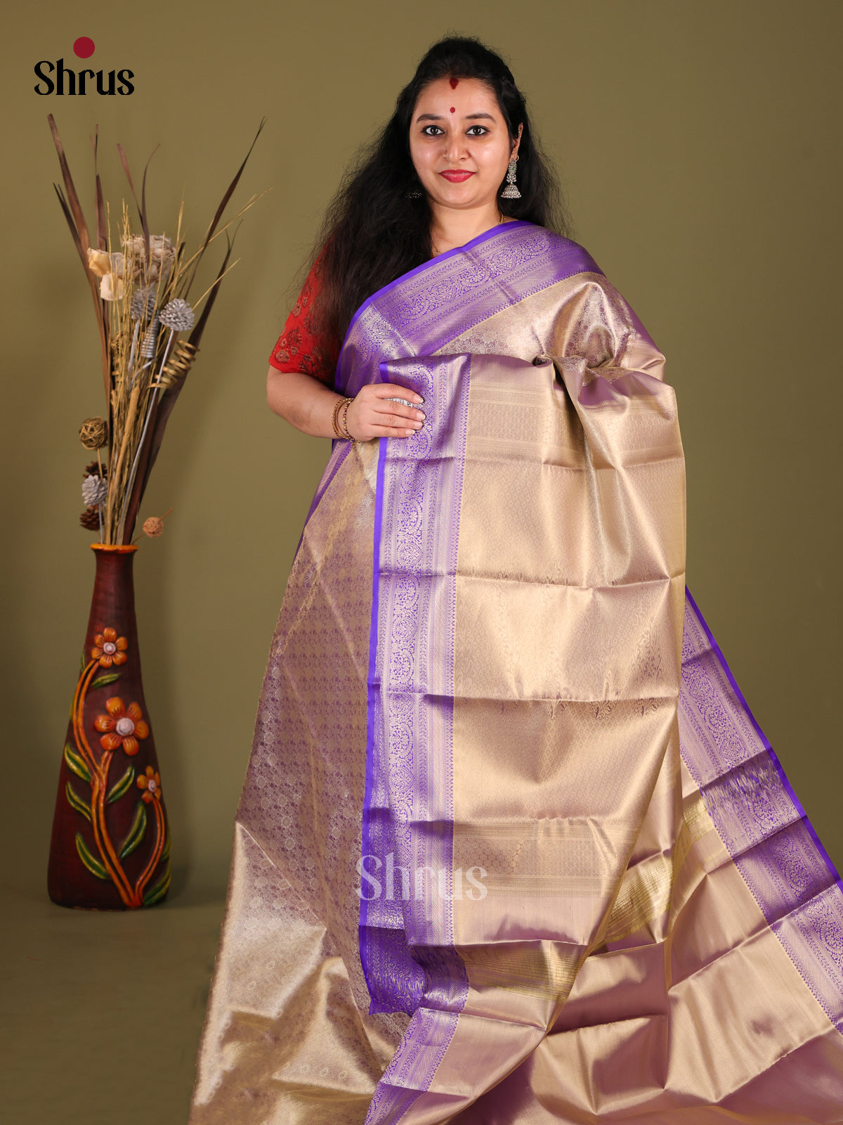 Grey & Violet- Kanchipuram-halfpure Saree - Shop on Shrus.com