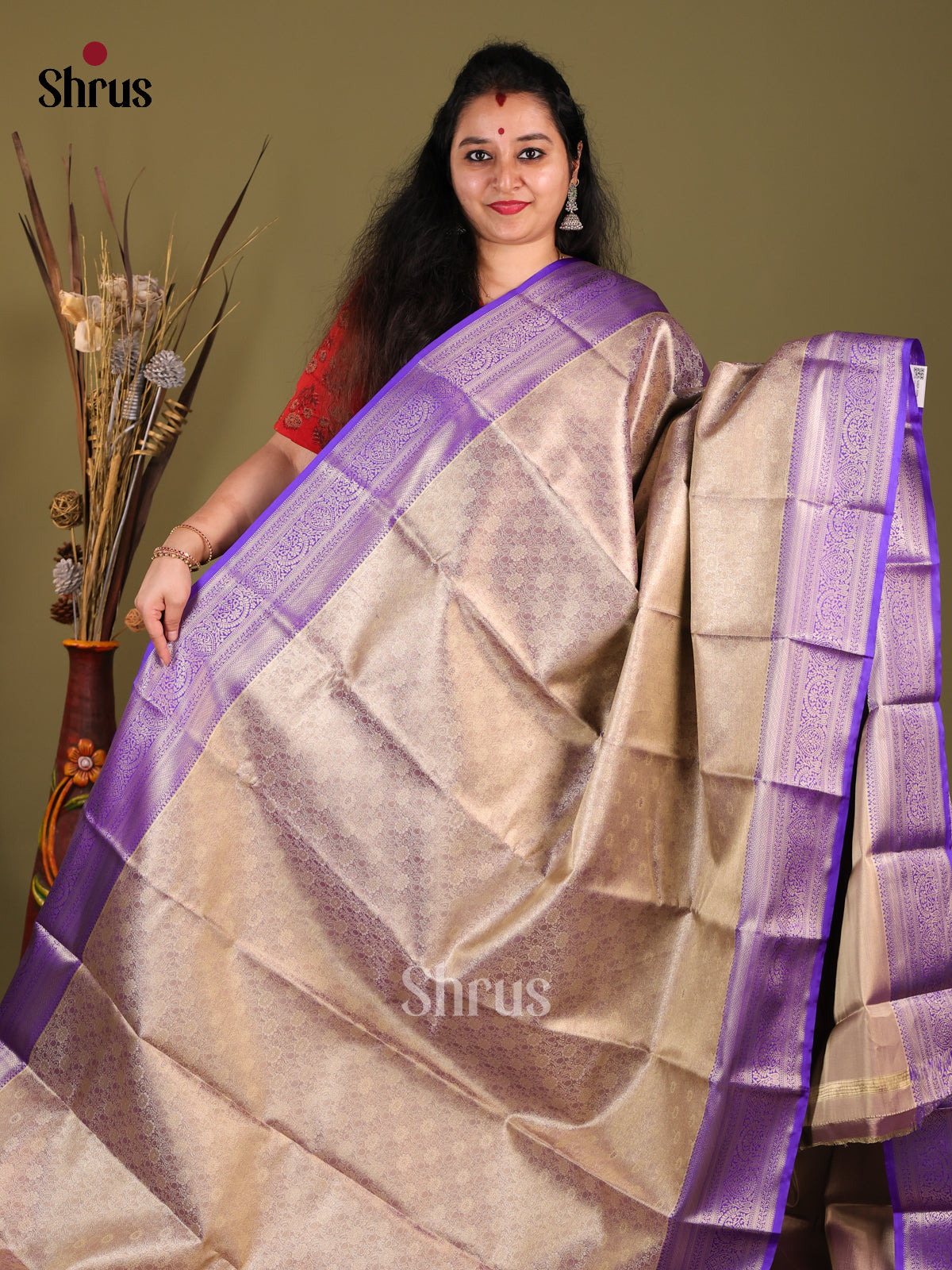 Grey & Violet- Kanchipuram-halfpure Saree - Shop on Shrus.com