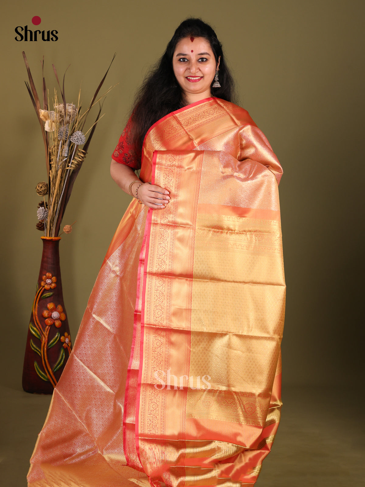 Gold & Red - Kanchipuram-halfpure Saree - Shop on Shrus.com