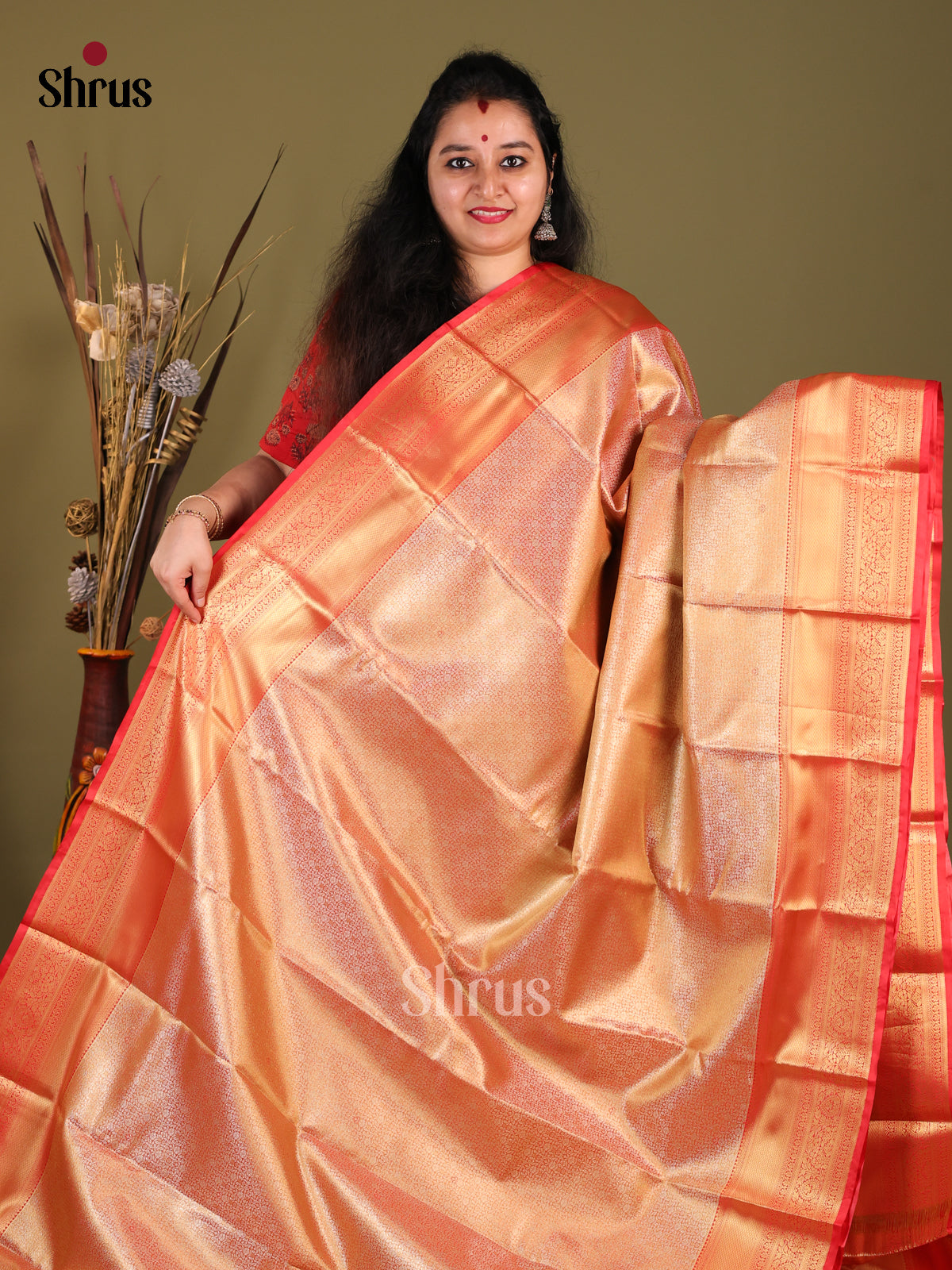Gold & Red - Kanchipuram-halfpure Saree - Shop on Shrus.com