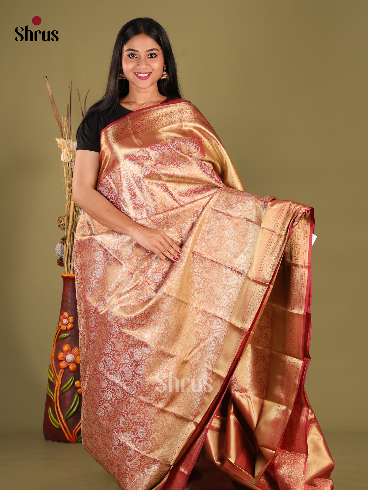 Gold & Maroon - Kanchipuram-halfpure Saree - Shop on Shrus.com