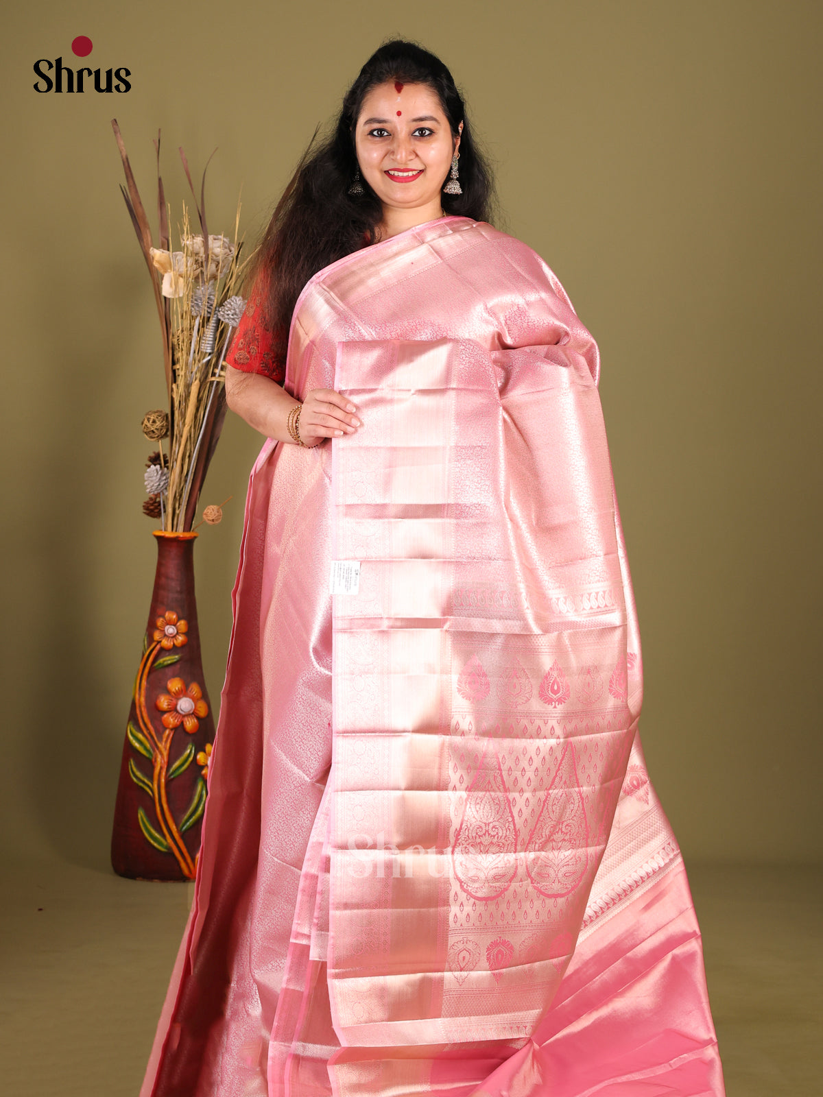 Pink(Single Tone) - Kanchipuram-halfpure Saree - Shop on Shrus.com