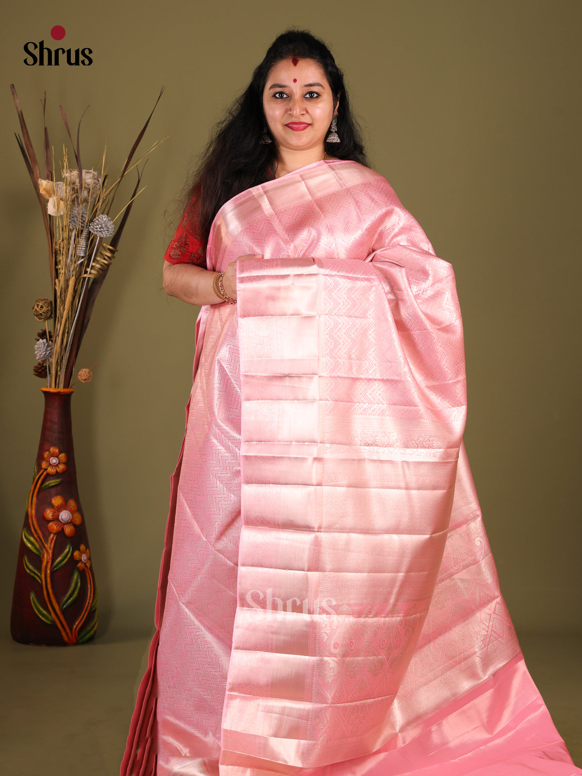 Pink(Single one) - Kanchipuram-halfpure Saree - Shop on Shrus.com