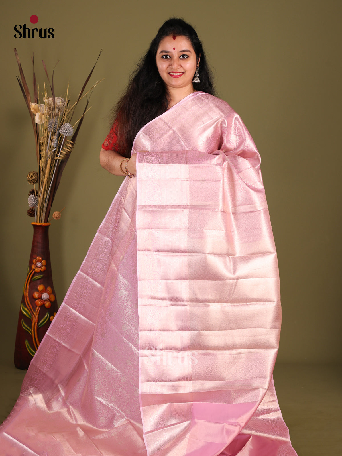Pink(Single Tone)- Kanchipuram-halfpure Saree - Shop on Shrus.com
