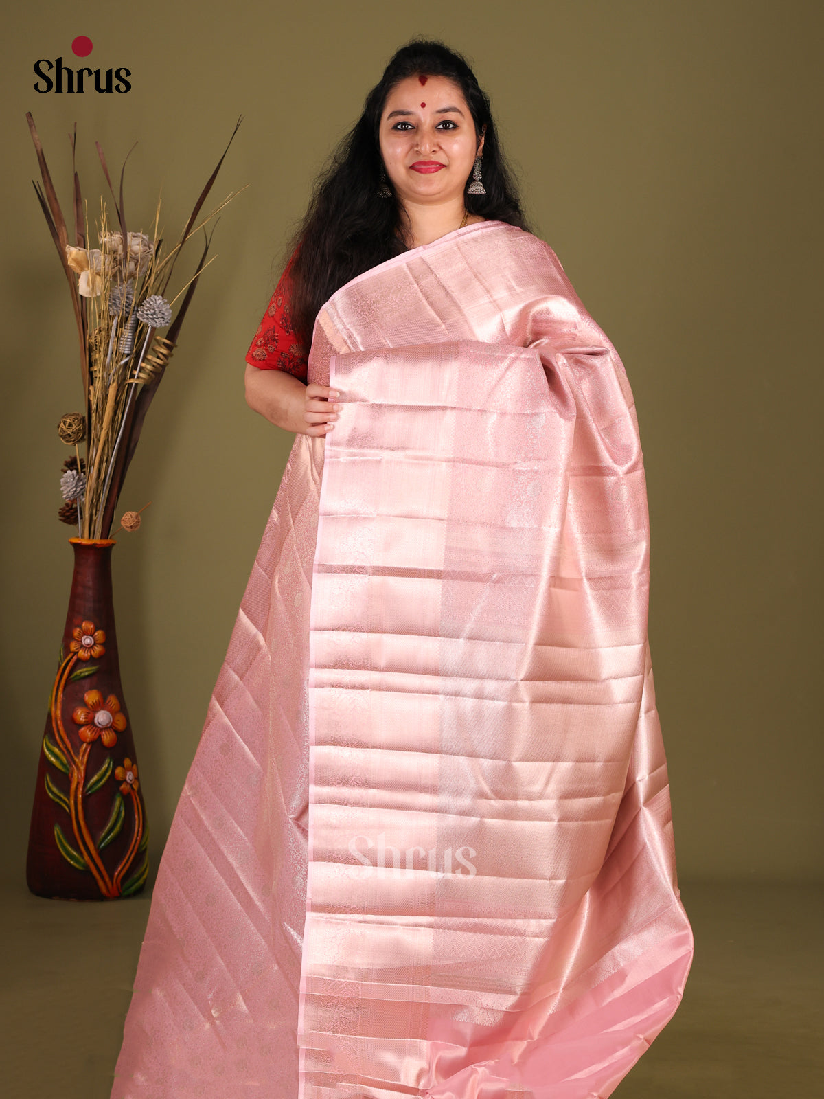 Pink(Single Tone)- Kanchipuram-halfpure Saree - Shop on Shrus.com