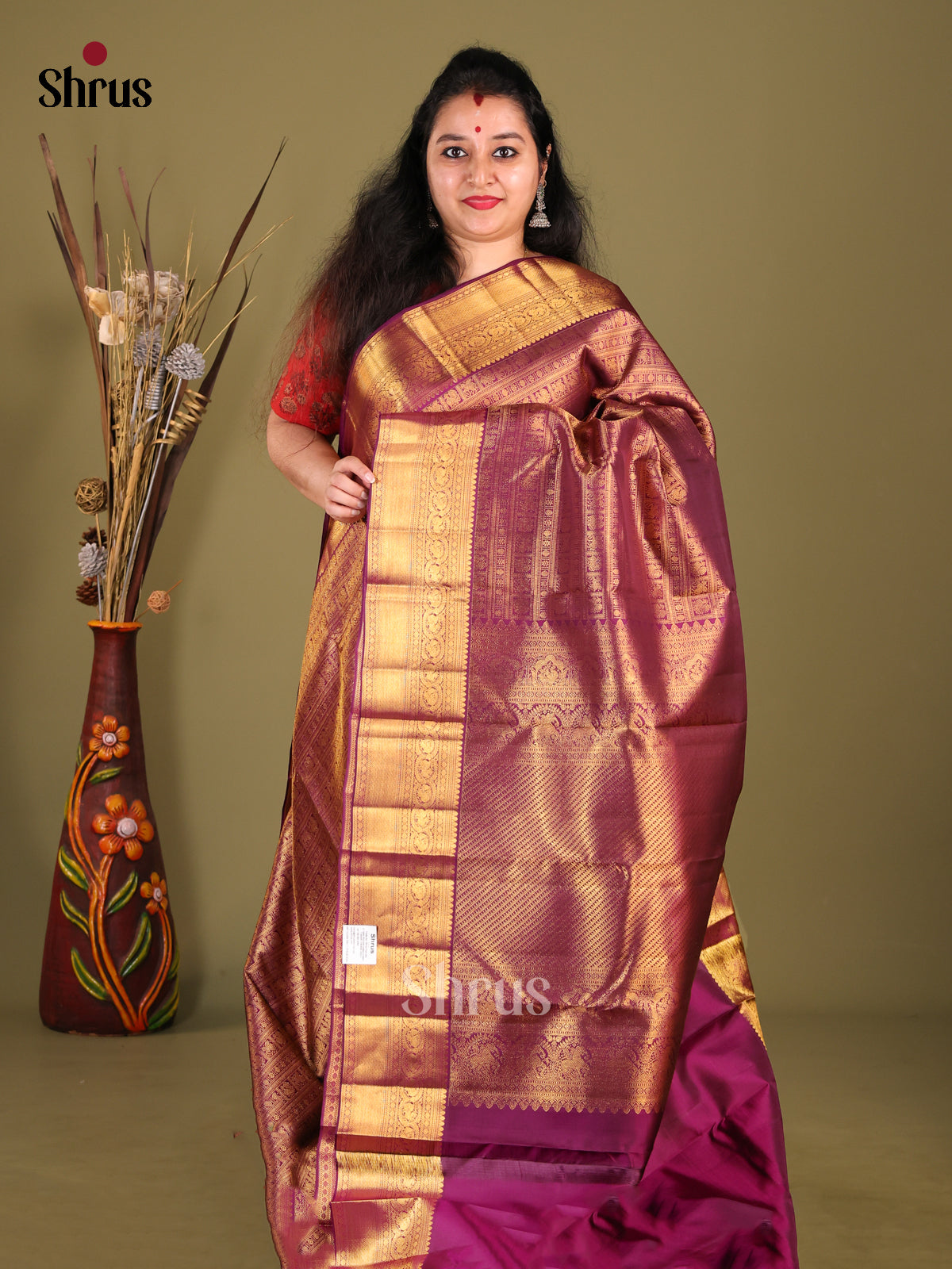 Glistening Purple Kanjivaram silk Saree with rich Golden Brocade Body & Zari Woven Border - Shop on Shrus.com