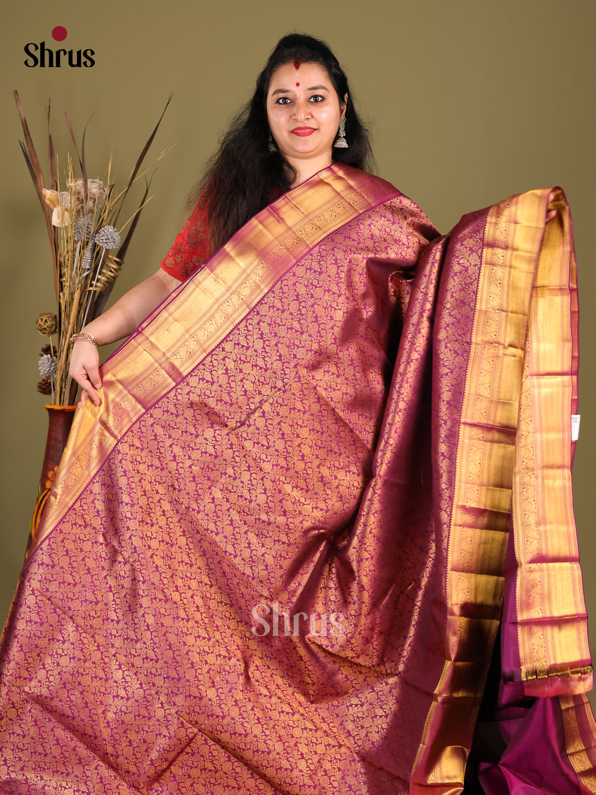 Shimmering Purple Kanchipuram Saree with Intricately Woven zari floral nestling brocade -1