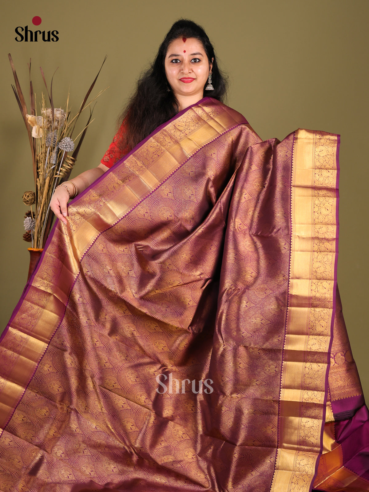 Regal purple Kanjivaram Saree with rich golden brocade pattern & Zari Woven Border -1