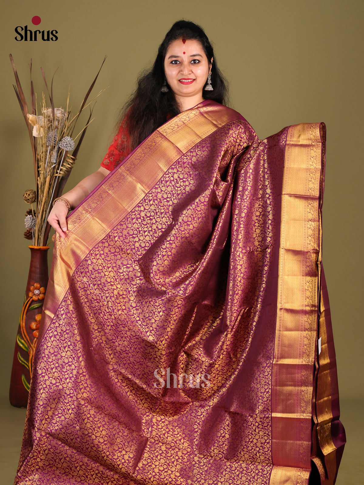 Stunning Purple Kanjivaram silk Saree with floral nestling brocade & Self Zari Border -1