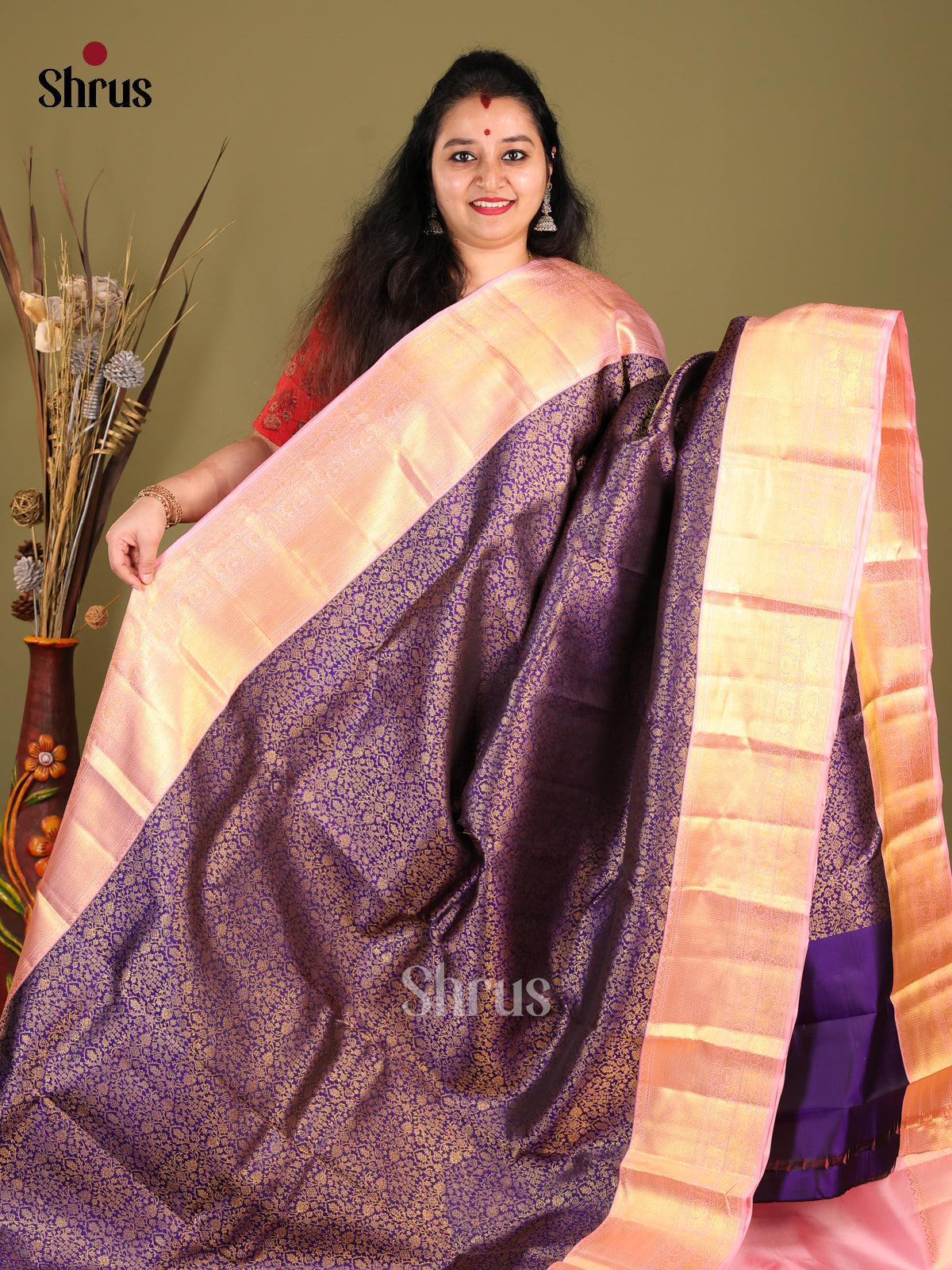 Dazzling Violet Kanjivaram Saree with gold floral nestling brocade & Pink Zari Border -1