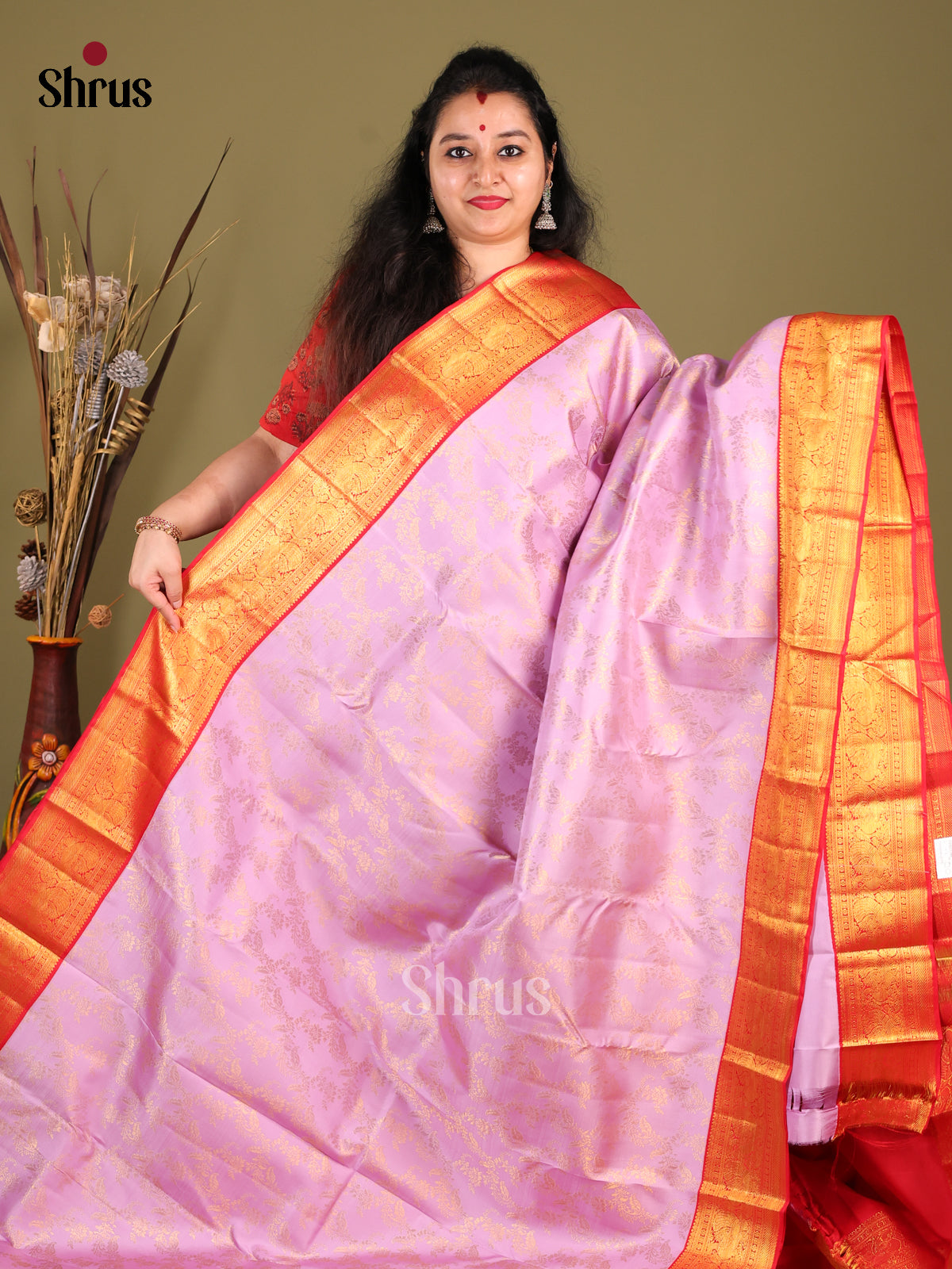 Beautiful Lavender Kanjivaram silk Saree with Zari Brocade & rich Red border -1