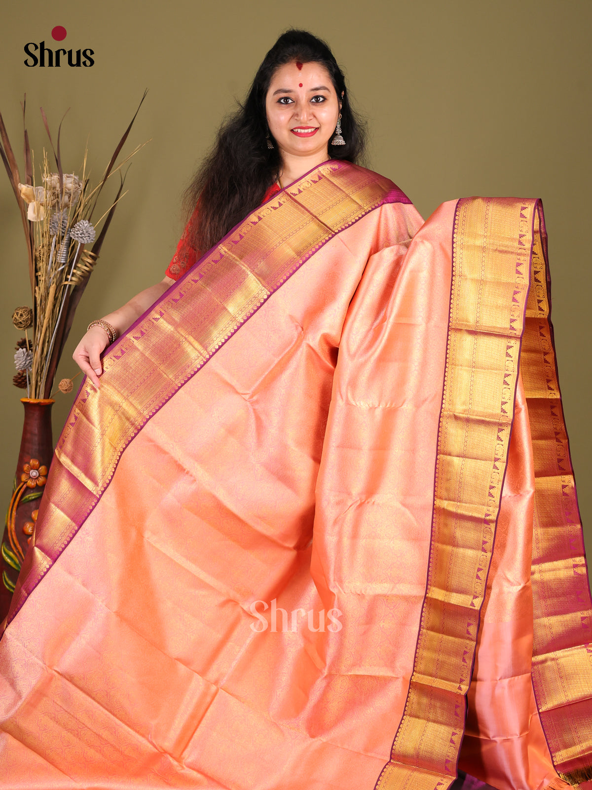Chic Peach Kanchipuram Saree with Brocade border & Beautifully Woven Purple Pallu -1