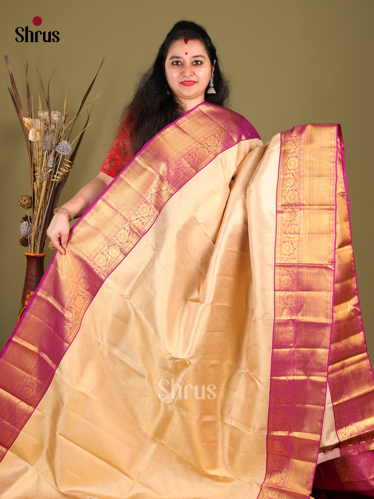 Gorgeous Cream Kanjivaram silk Saree with Zari Woven Brocade & rich Purple border -1