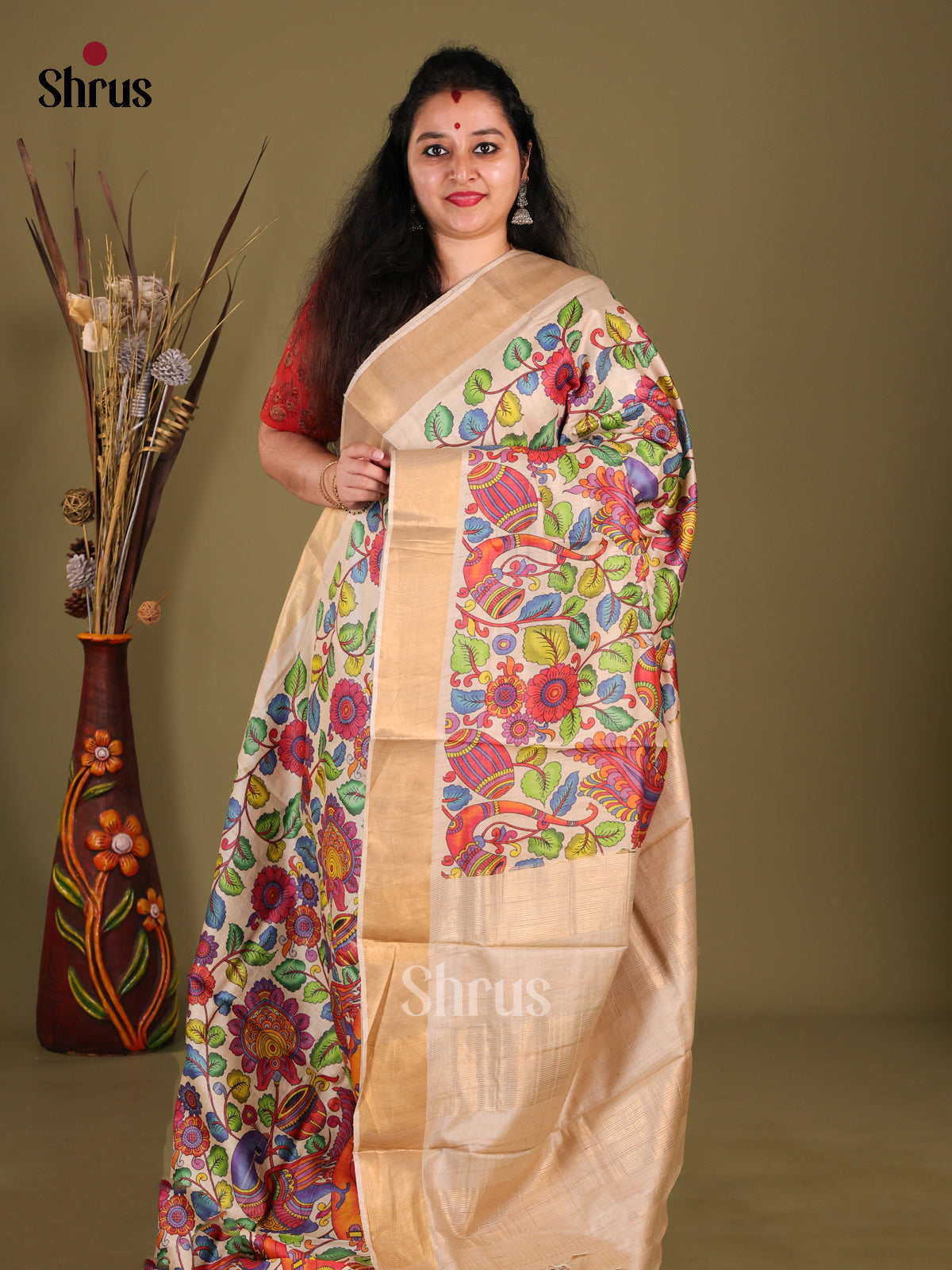 Cream(Single tone)- Tussar Saree - Shop on Shrus.com
