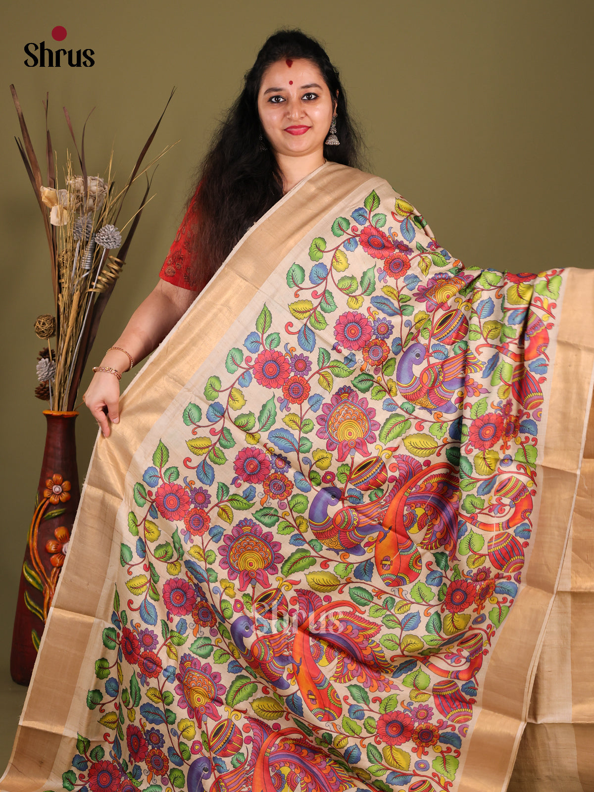 Cream(Single tone)- Tussar Saree - Shop on Shrus.com