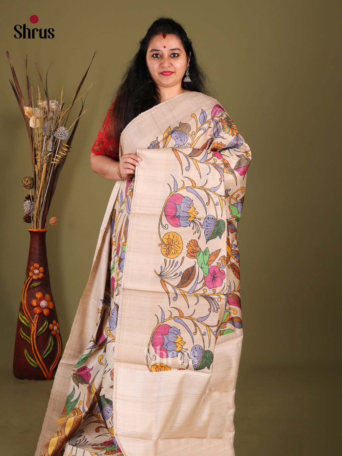 Cream(Single Tone) - Tussar Saree