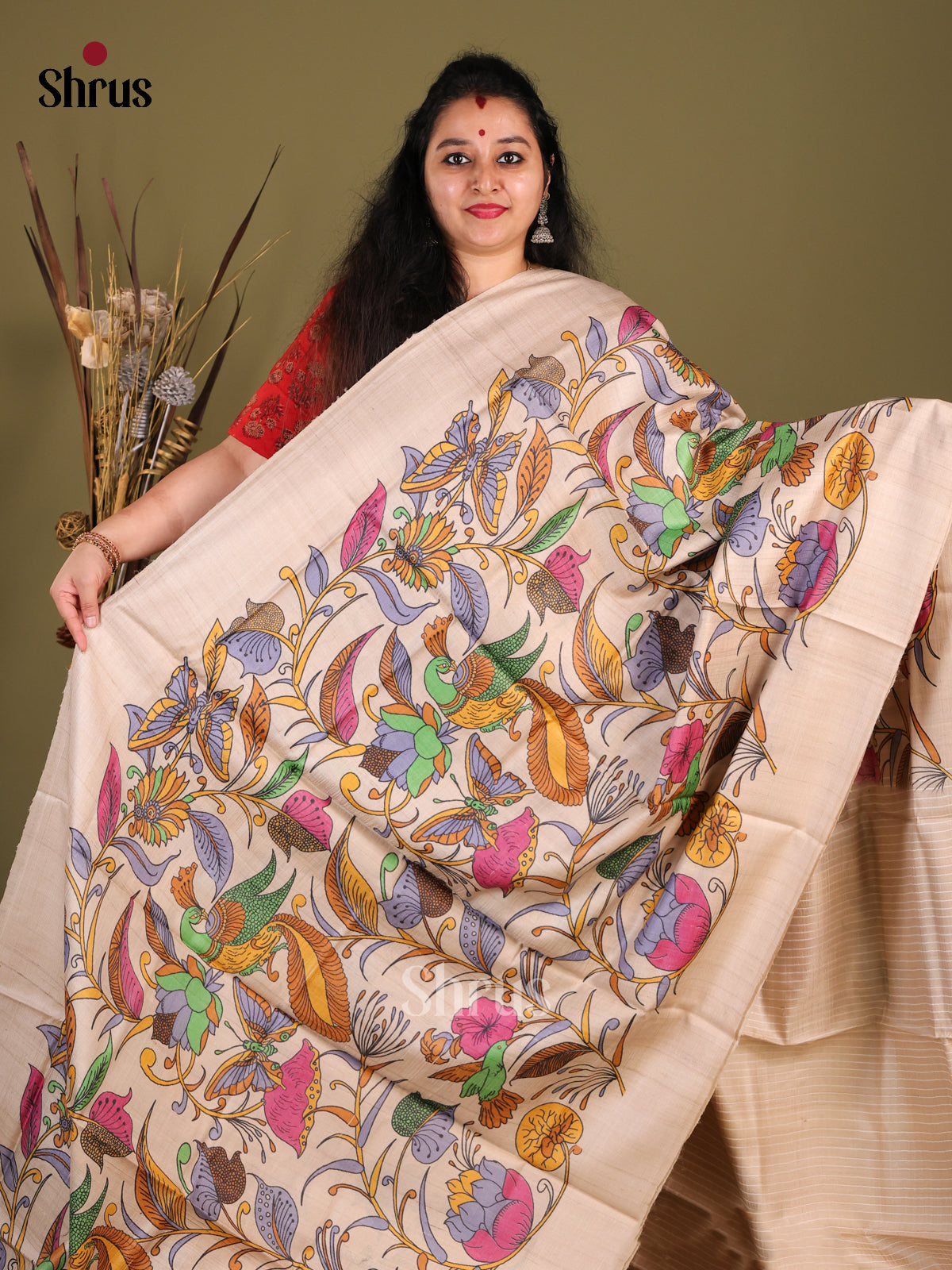 Cream(Single Tone) - Tussar Saree