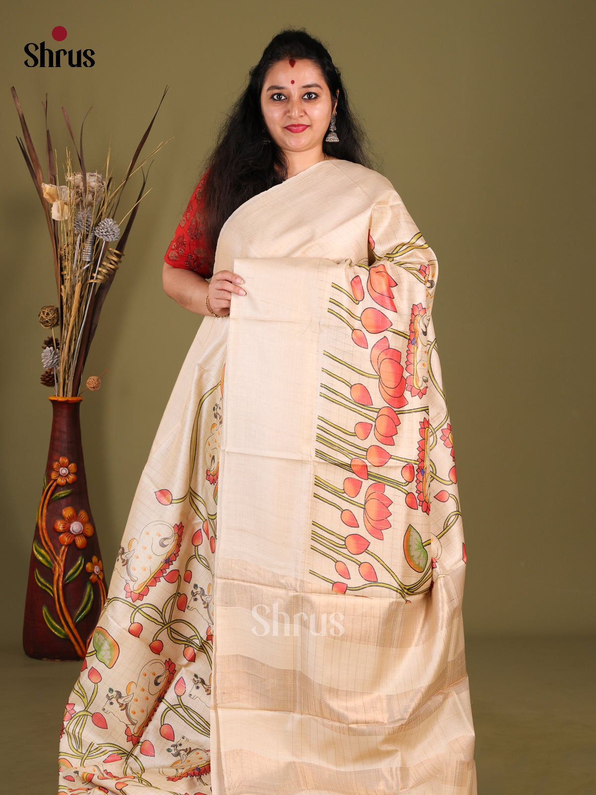 Cream(Single Tone) - Tussar Saree - Shop on Shrus.com