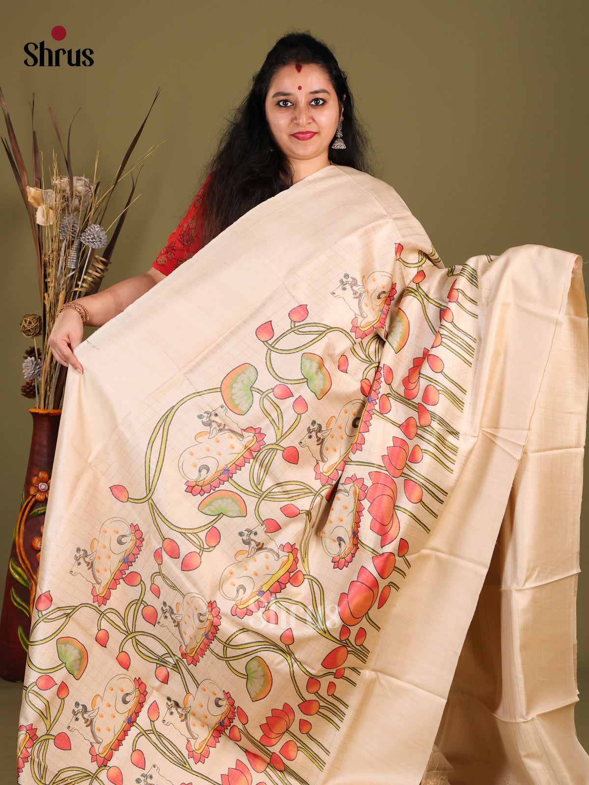 Cream(Single Tone) - Tussar Saree - Shop on Shrus.com