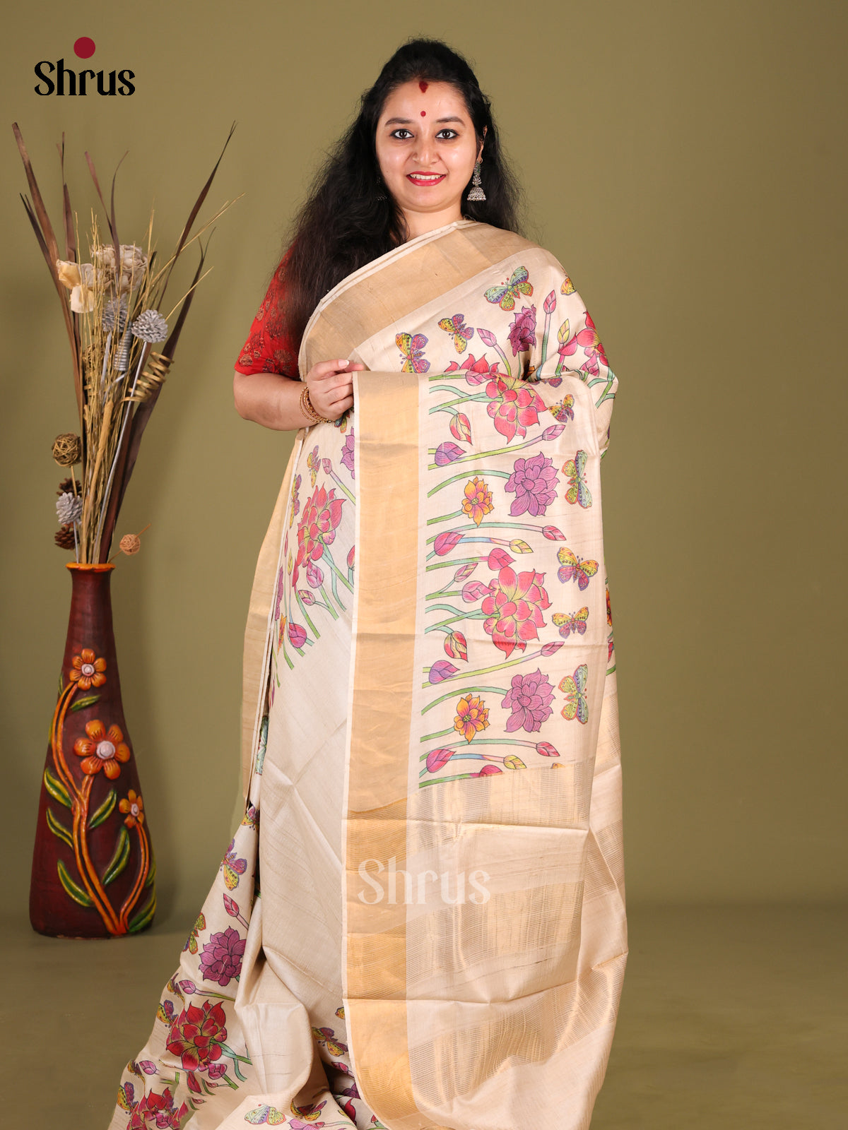 Cream(Single Tone) - Tussar Saree - Shop on Shrus.com