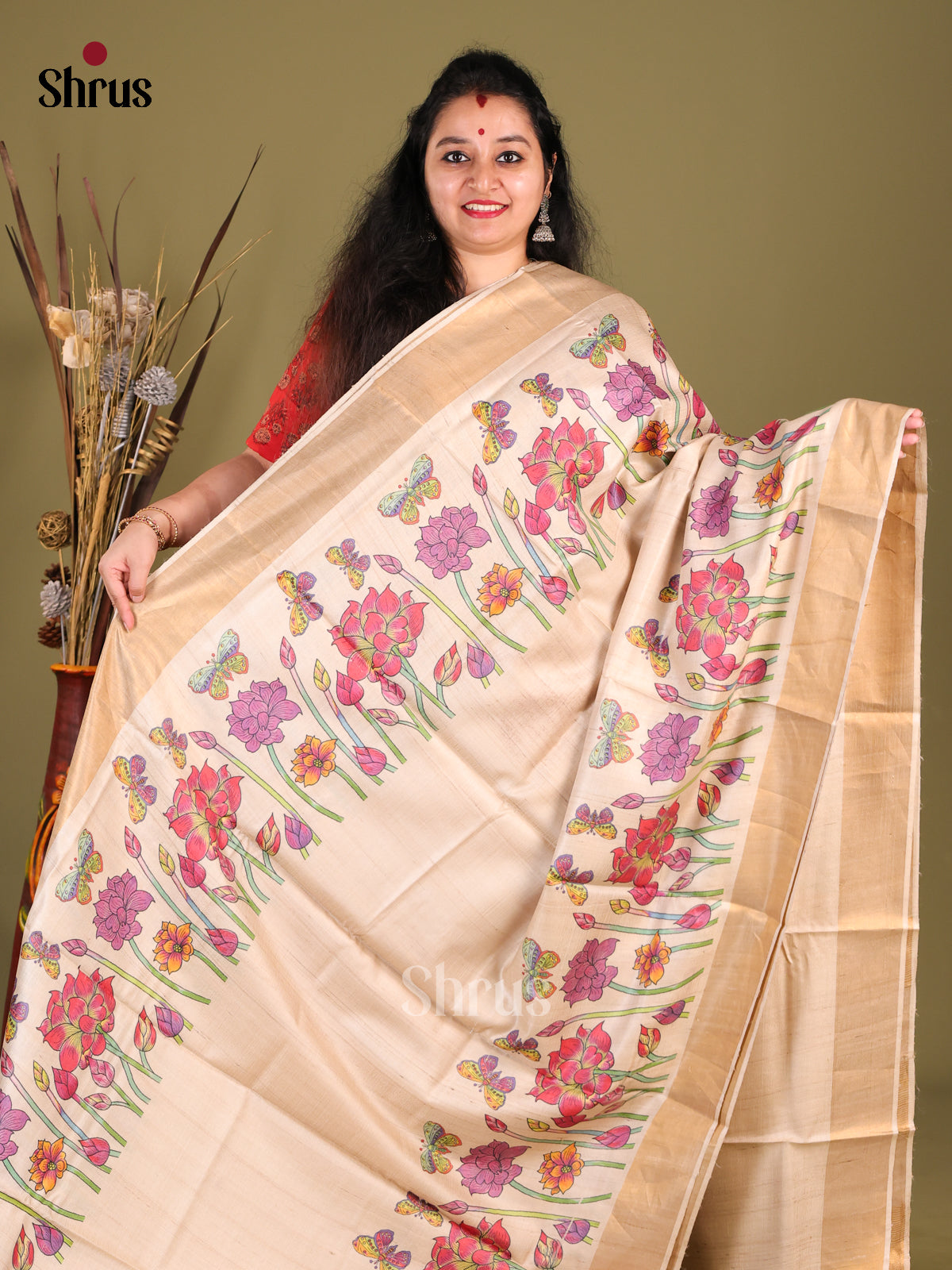 Cream(Single Tone) - Tussar Saree - Shop on Shrus.com