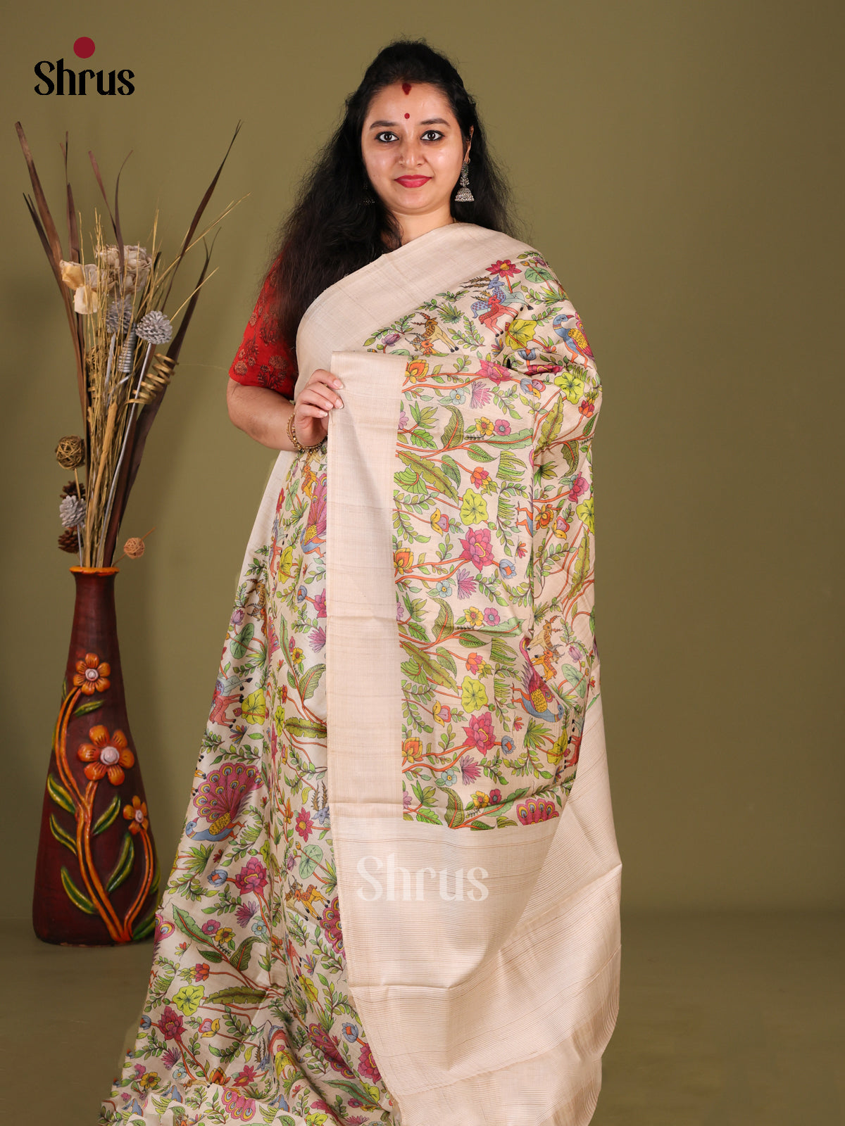 Cream(Single tone) - Tussar Saree