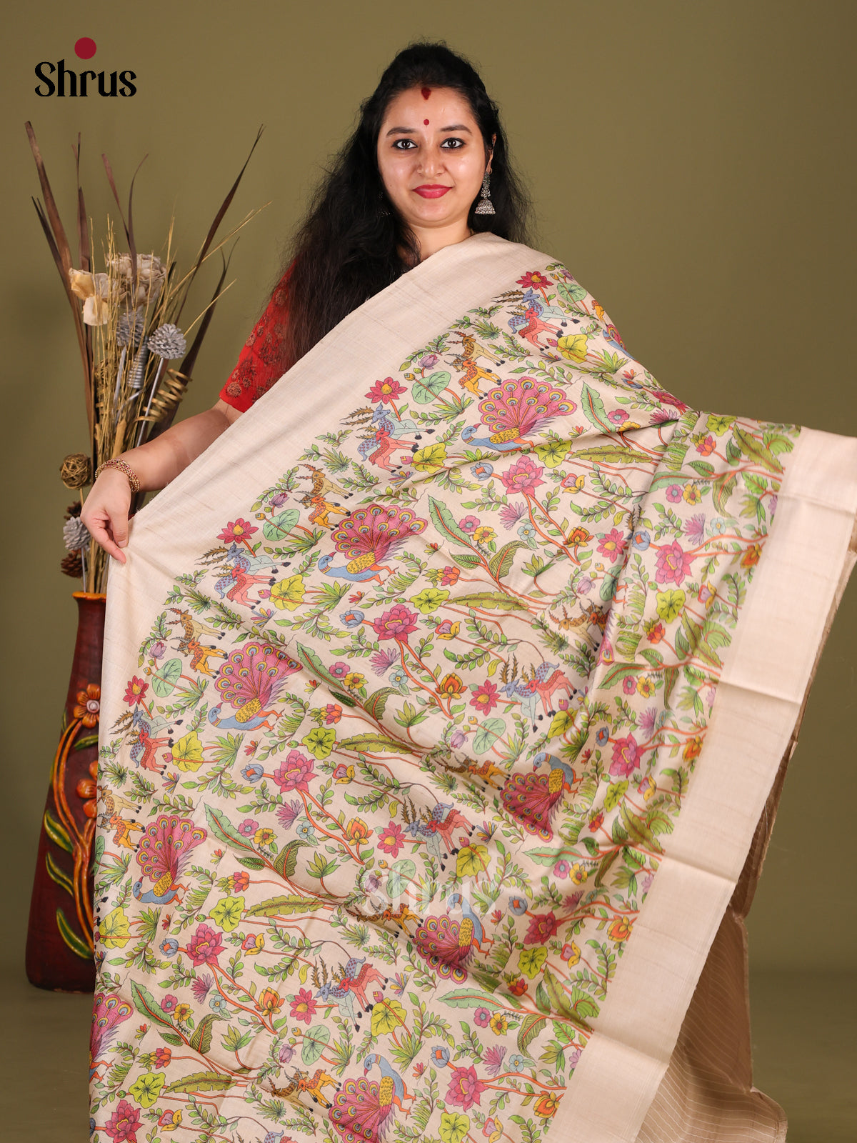 Cream(Single tone) - Tussar Saree