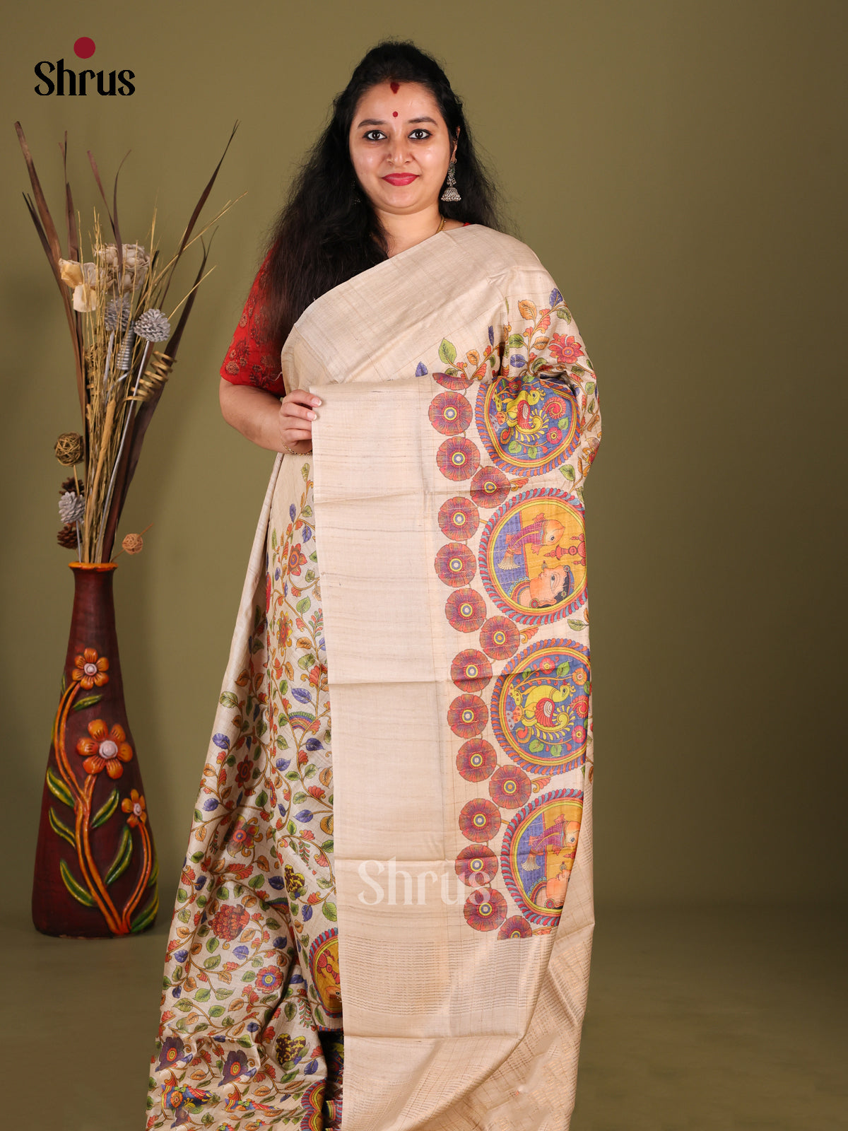 Cream(single Tone)- Tussar Saree