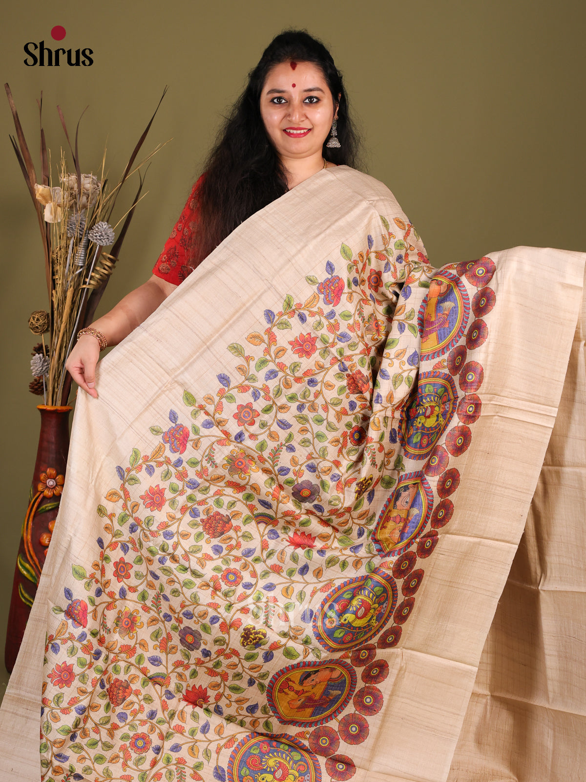 Cream(single Tone)- Tussar Saree
