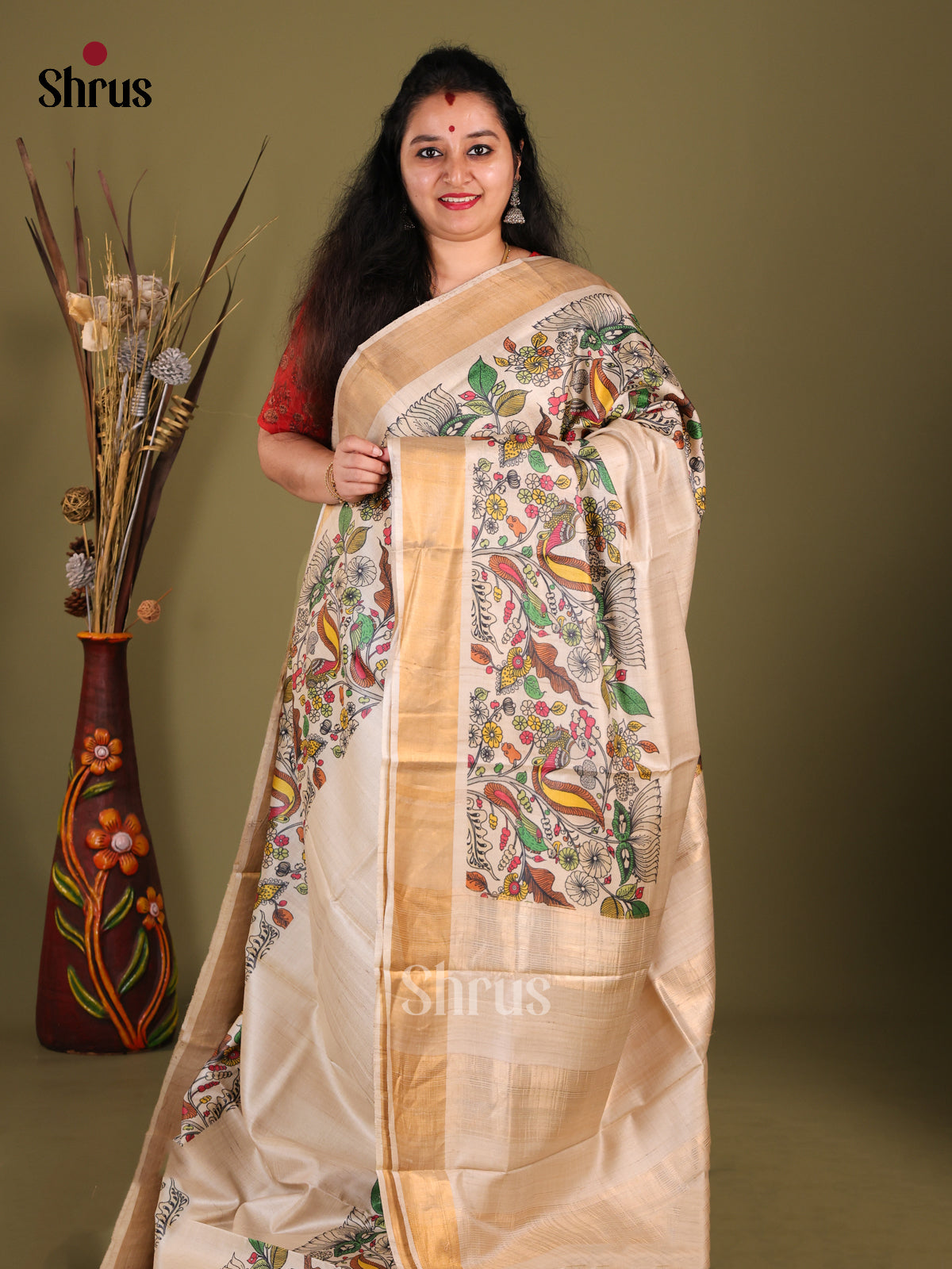 Cream(Single Tone)- Tussar Saree - Shop on Shrus.com