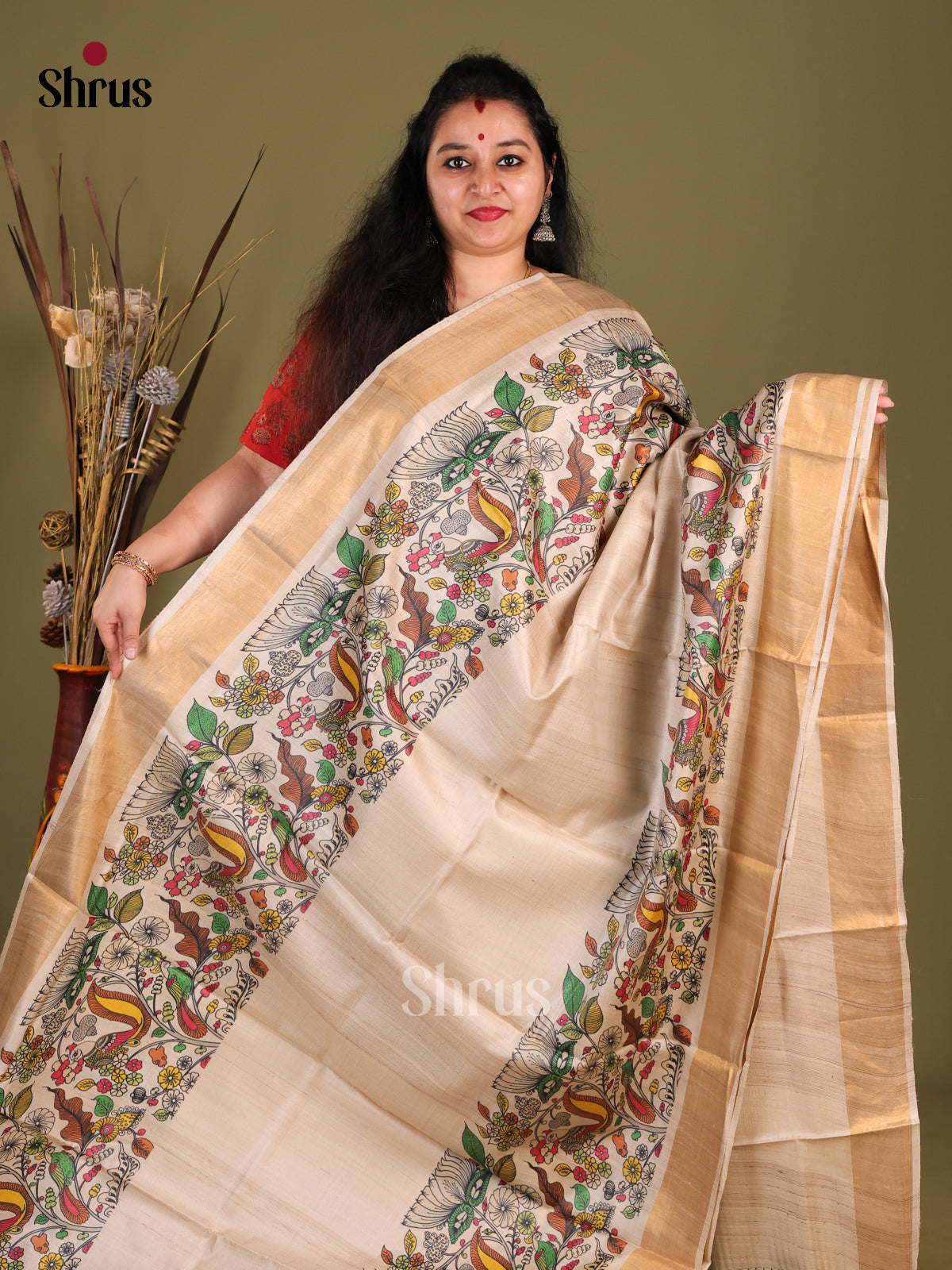 Cream(Single Tone)- Tussar Saree - Shop on Shrus.com